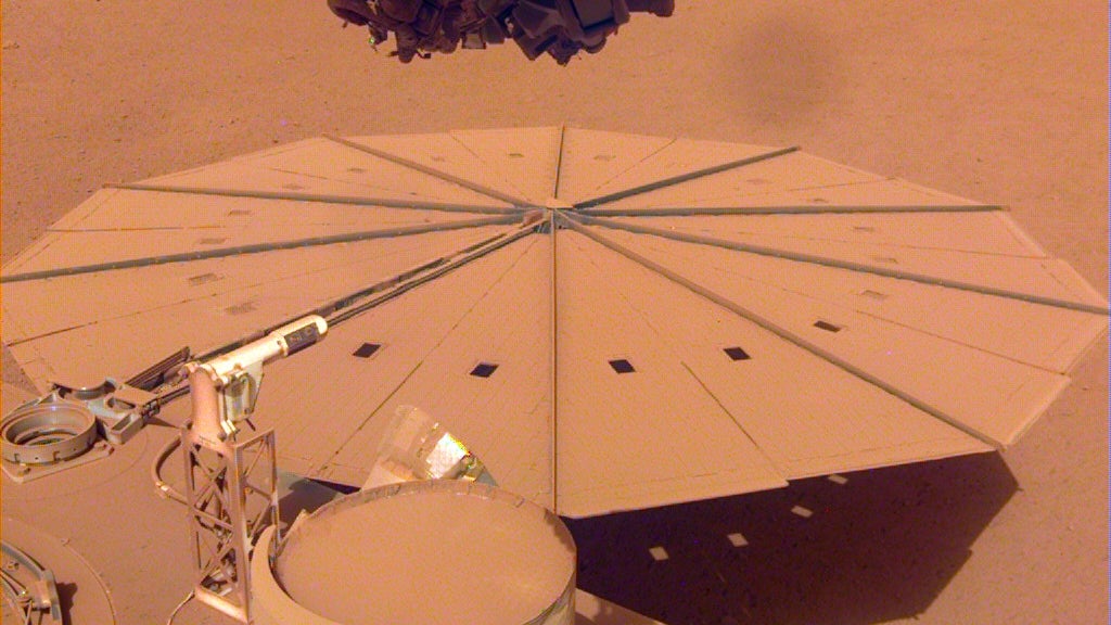 A dust-covered solar panel on InSight.