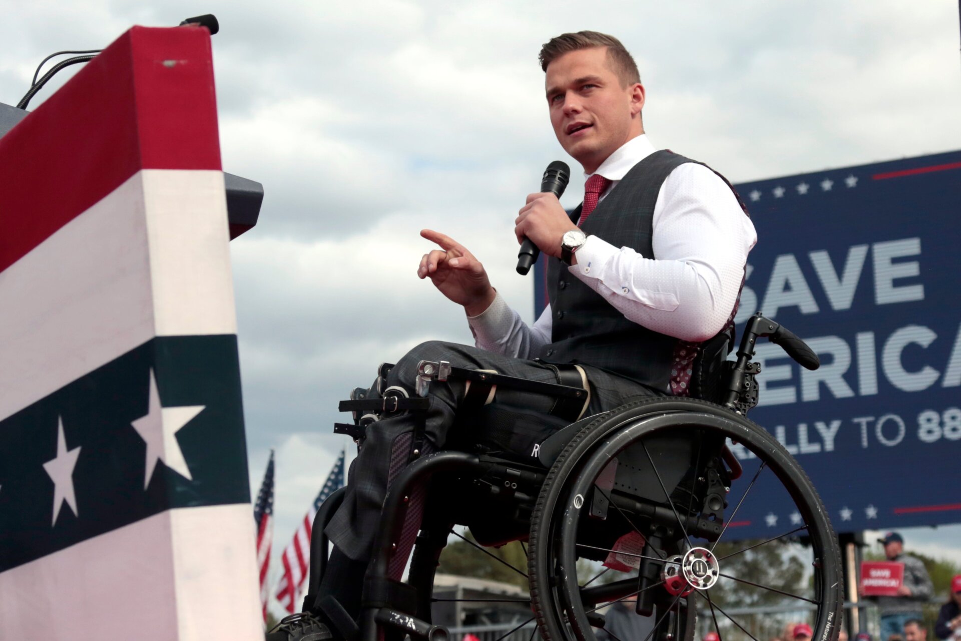 Cawthorn speaking at an April Trump rally in North Carolina.
