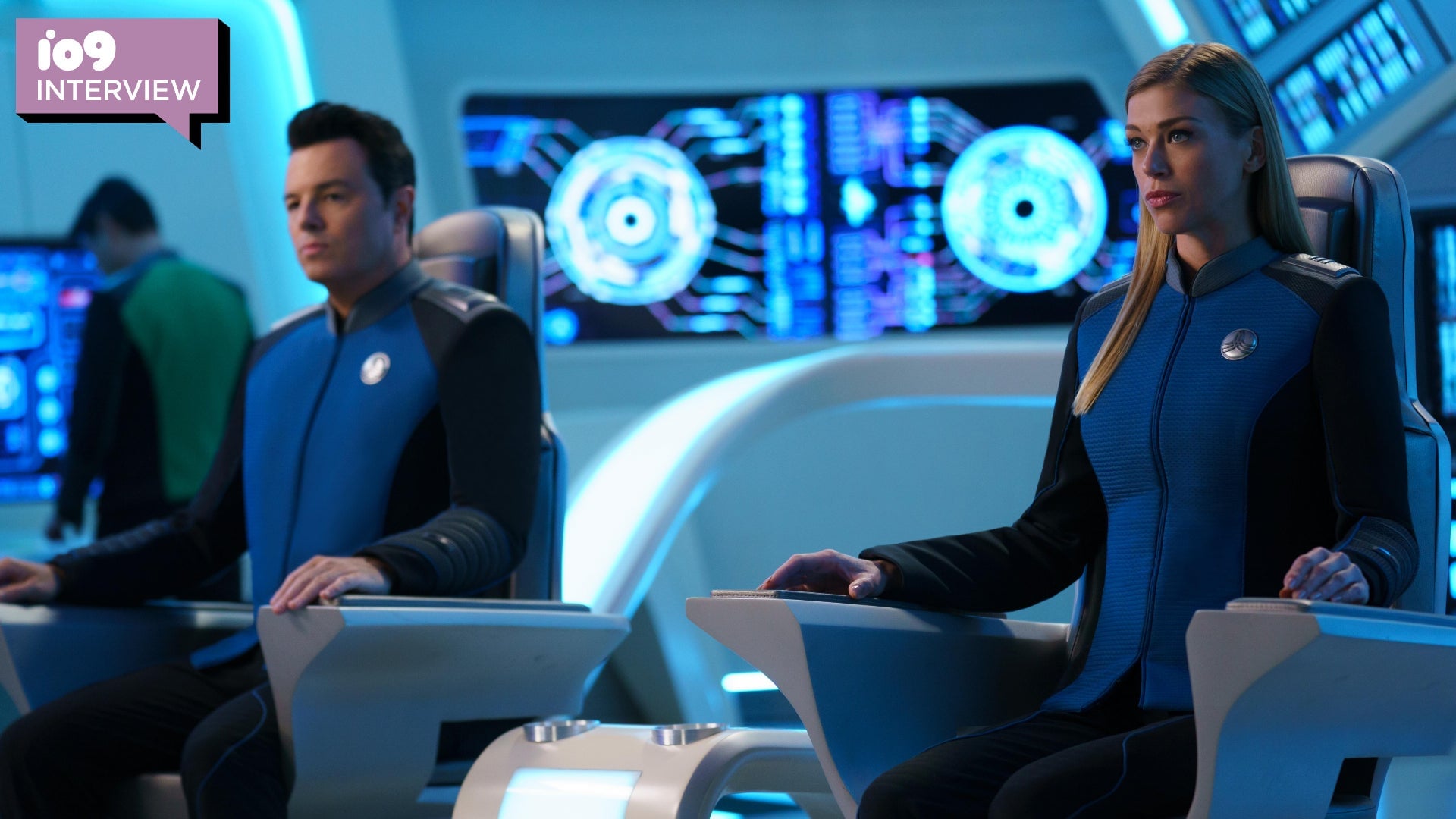 Capt. Ed Mercer (Seth MacFarlane) and Cmdr. Kelly Grayson (Adrianne Palicki) on the bridge of the Orville.