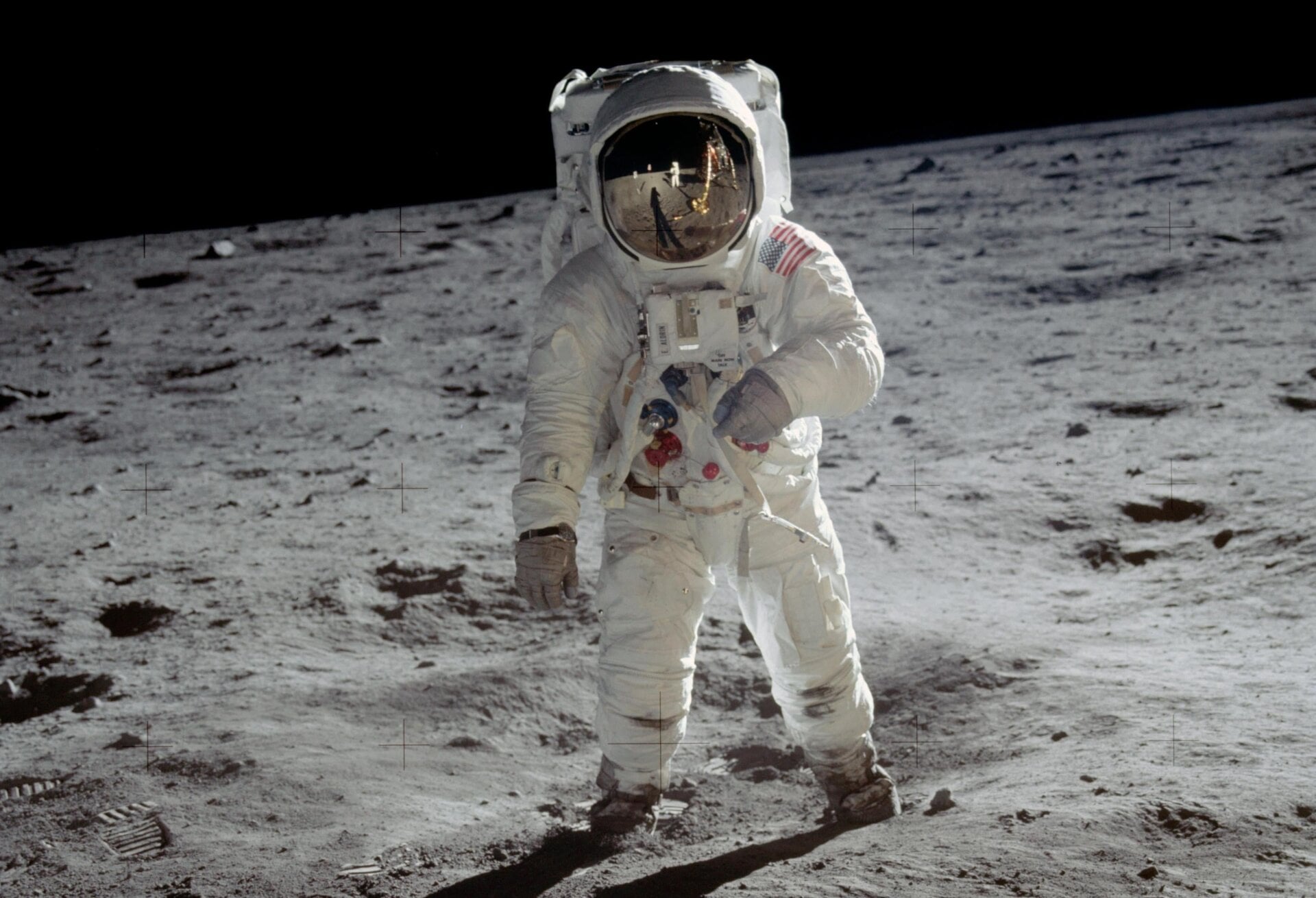 Astronaut Edwin “Buzz” Aldrin walking on the Moon during the Apollo 11 mission. 