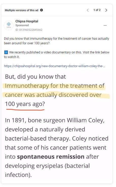 Immunotherapy IS a growing field of research and treatment within oncology. However the specific treatment the Coley came up with has multiple risks, and has not been proven through rigorous, peer-reviewed scientific study.