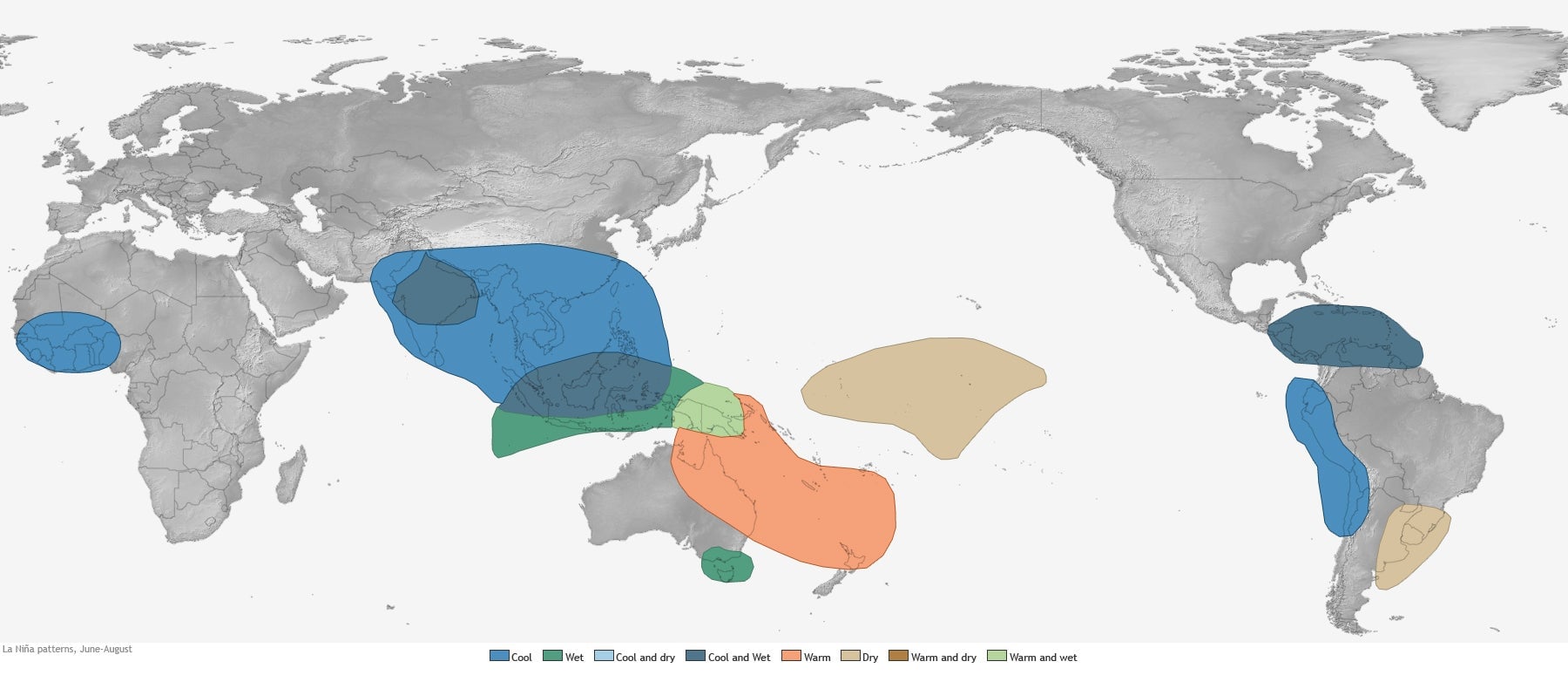 The NOAA map shows some of the general weather trends that accompany La Niña between June and August. 
