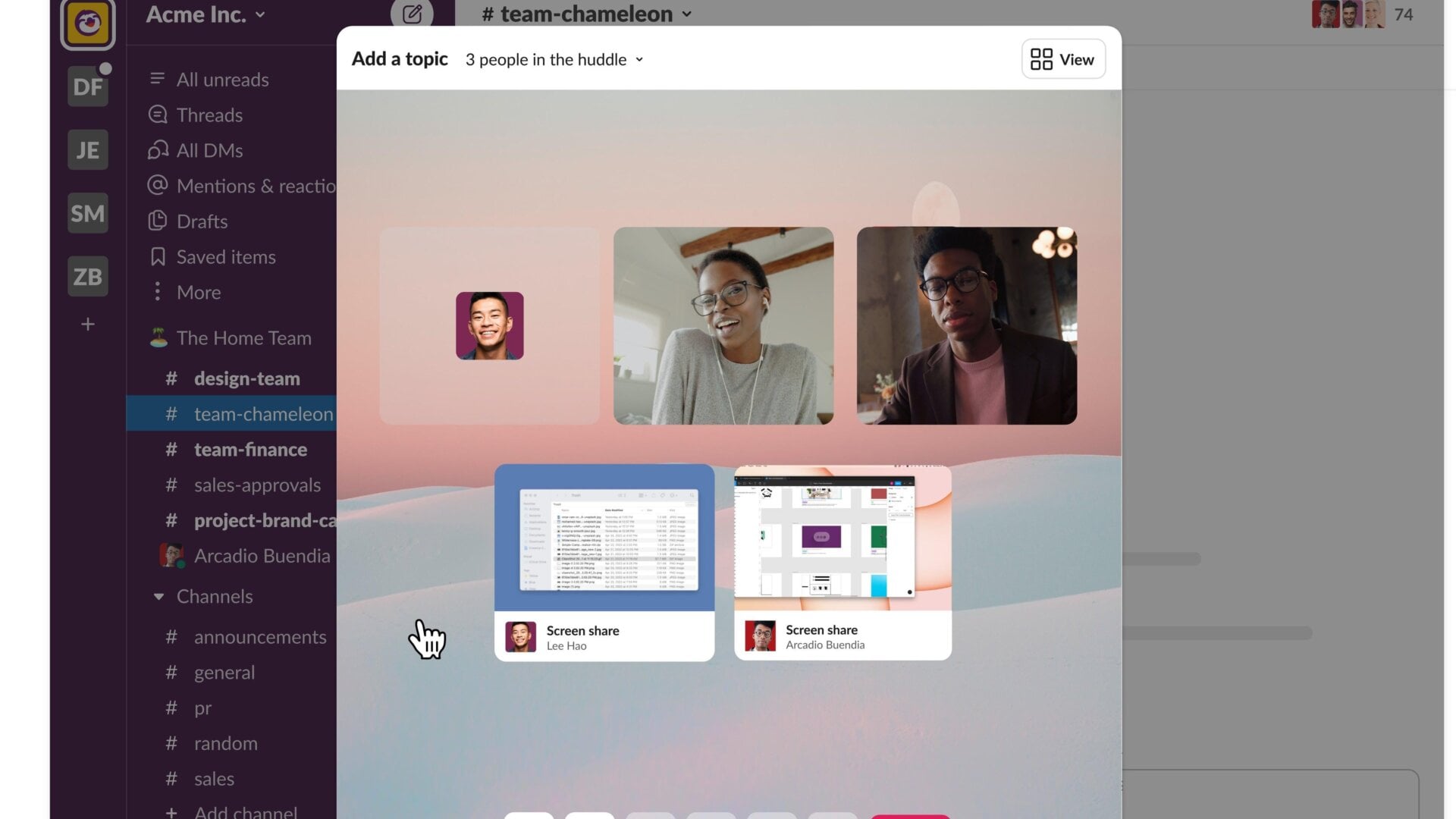 New features on Slack include videos and multi-person screen sharing.