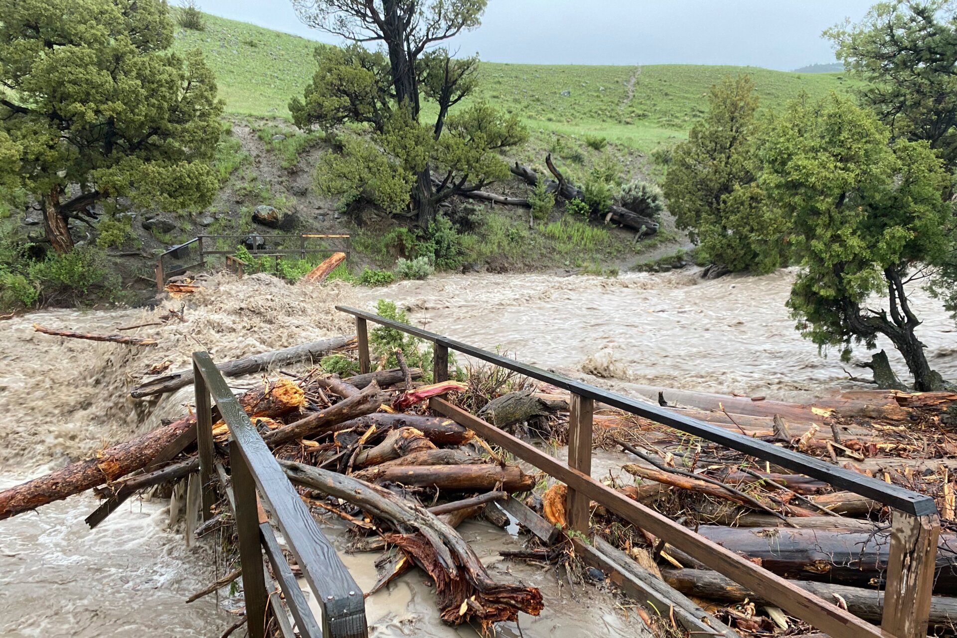 A washed-out bridge after flooding at Rescue Creek in Yellowstone National Park, Mont., on Monday, June 13, 2022.