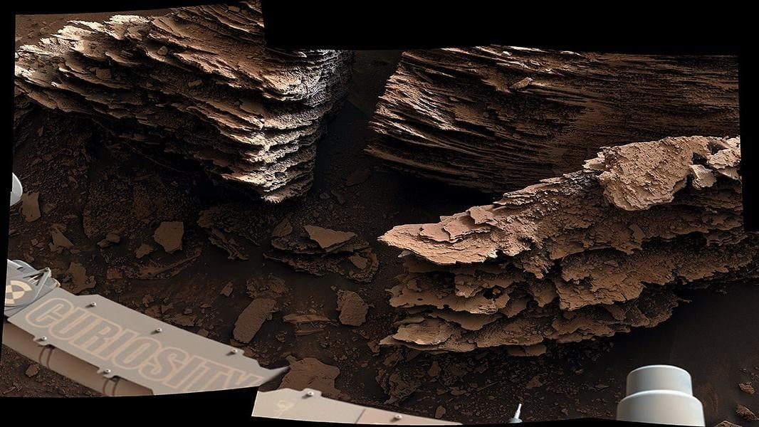 The Curiosity rover captured this image of flaky rocks that may have formed in an ancient streambed or pond.