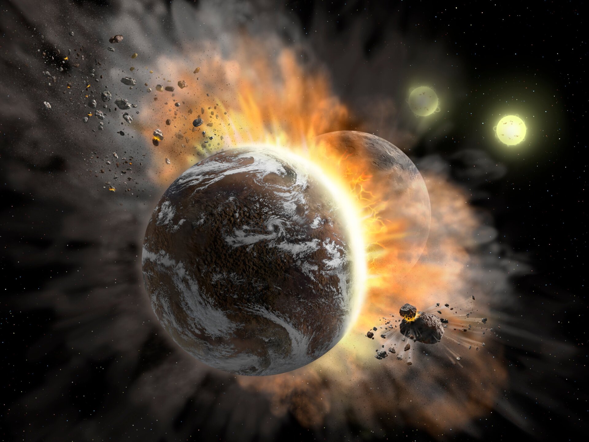 Artist’s conception of a catastrophic collision betweeen two exoplanets.