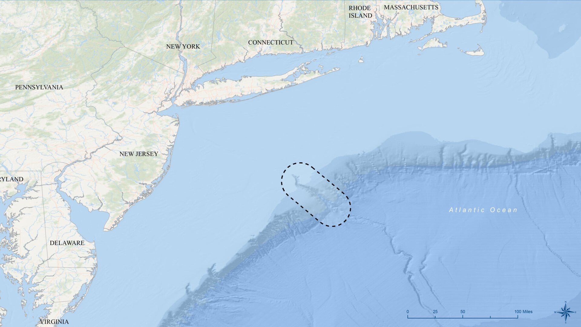 The Hudson Canyon is located about 100 miles (160 kilometers) southeast of New York City.
