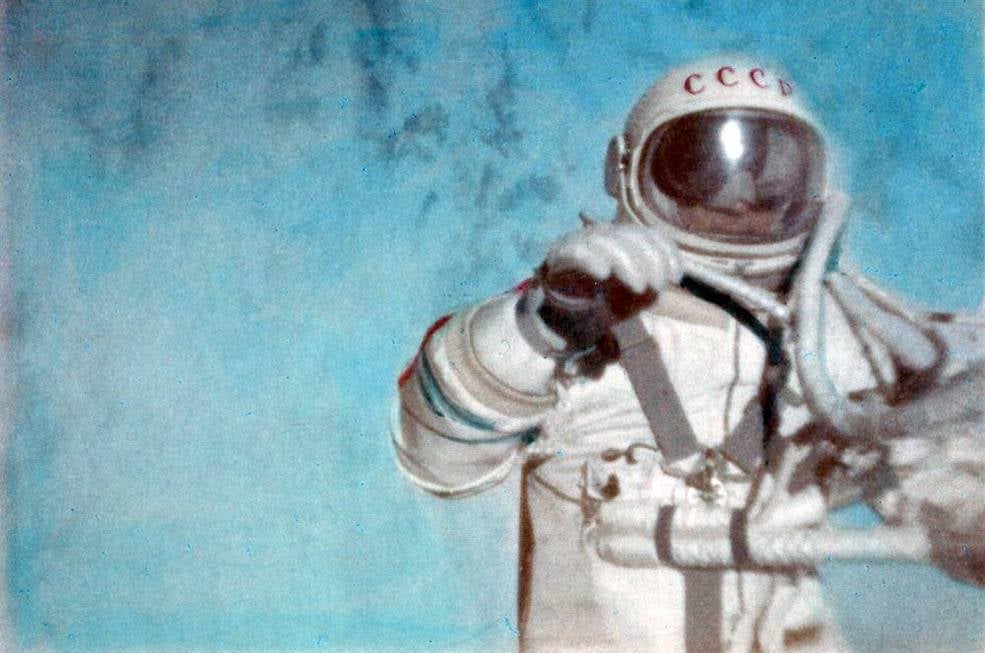 Cosmonaut Aleksei Leonov during the first human spacewalk in 1965.