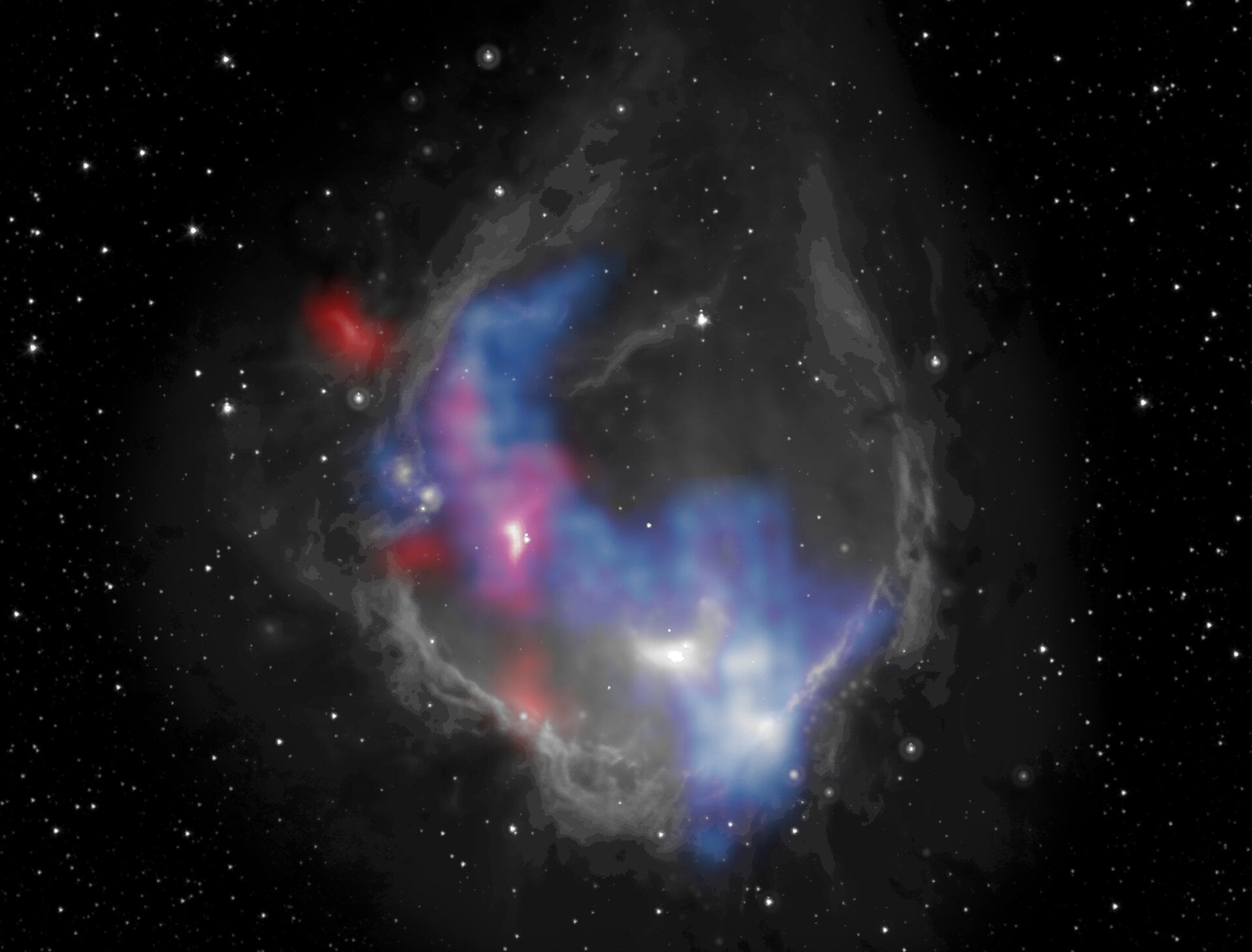 Composite image of the nebula RCW 120. By measuring the glowing gas (shown in red and blue), astronomers used SOFIA data to study the nebula’s expansion speed and age.