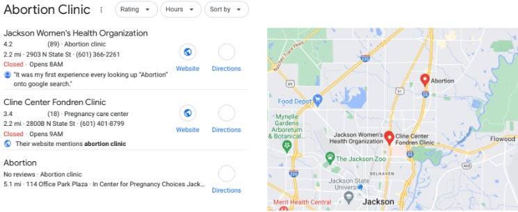 Only the first of these search results is actual a clinic that offers abortion and other healthcare services. The other two listings are for anti-abortion centers.