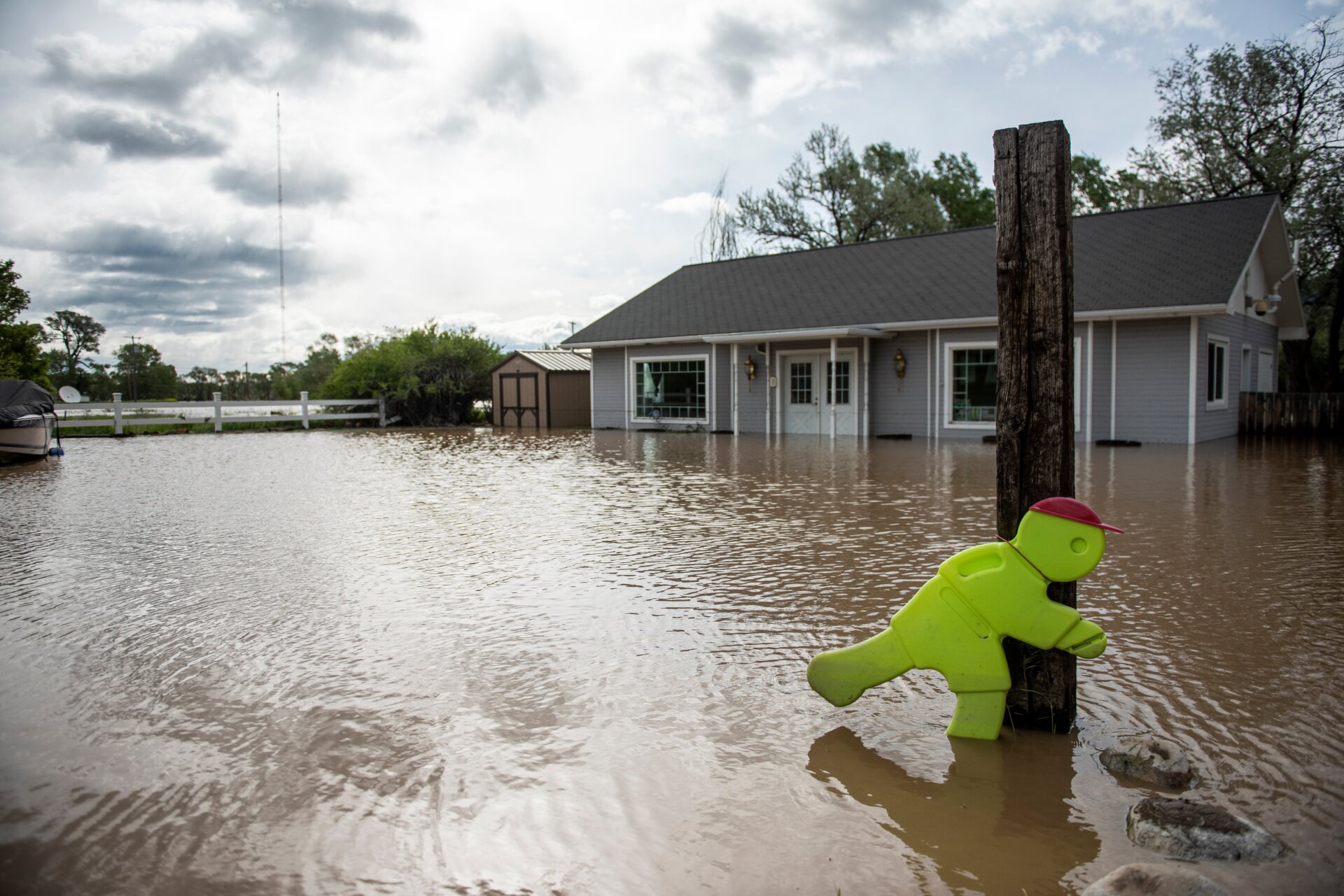 Flooding is seen on June 14, 2022 in Livingston, Montana. The  Yellowstone River hit has a historic high flow from rain and snow melt  from the mountains in and around Yellowstone National Park. 