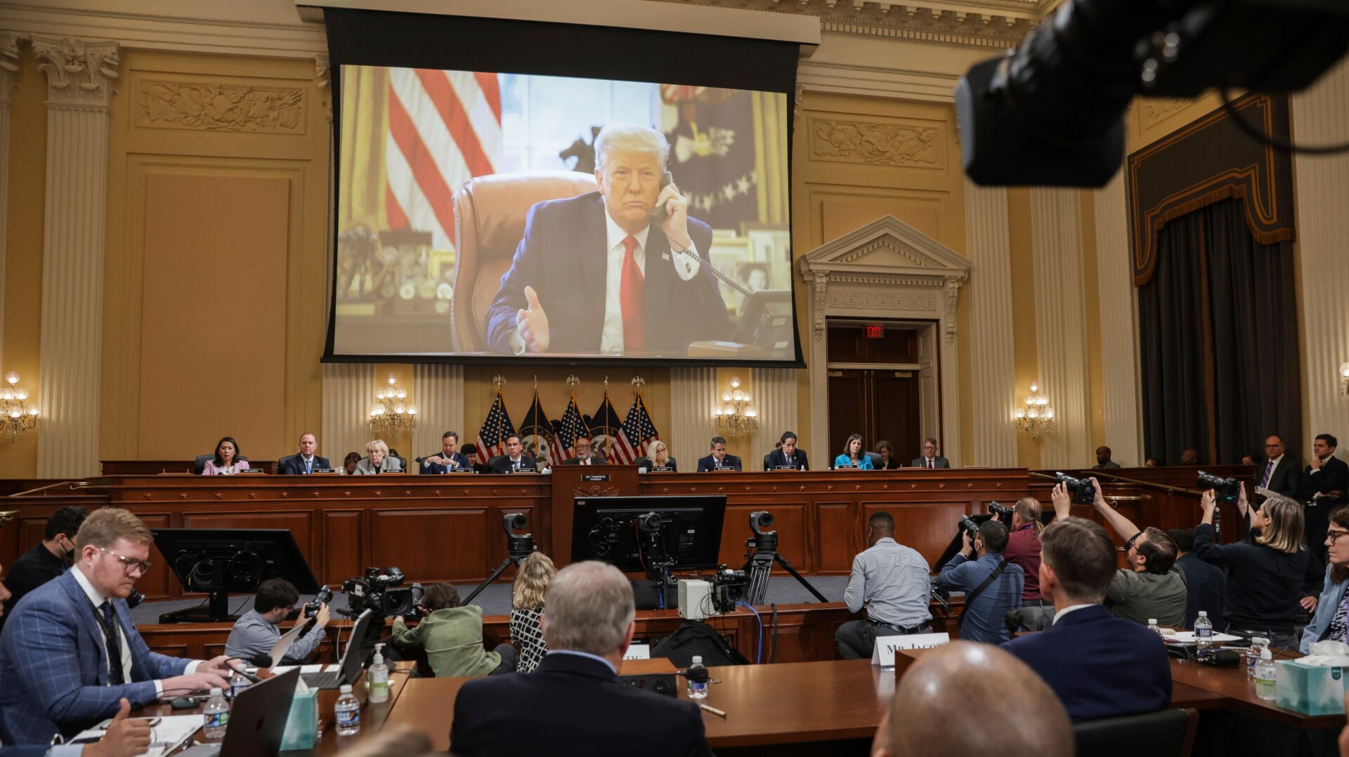 Video of former President Donald J. Trump plays on the screen during the Select Committee to Investigate the January 6th Attack on the U.S. Capitol hearing happening in Washington, DC on June 16, 2022.