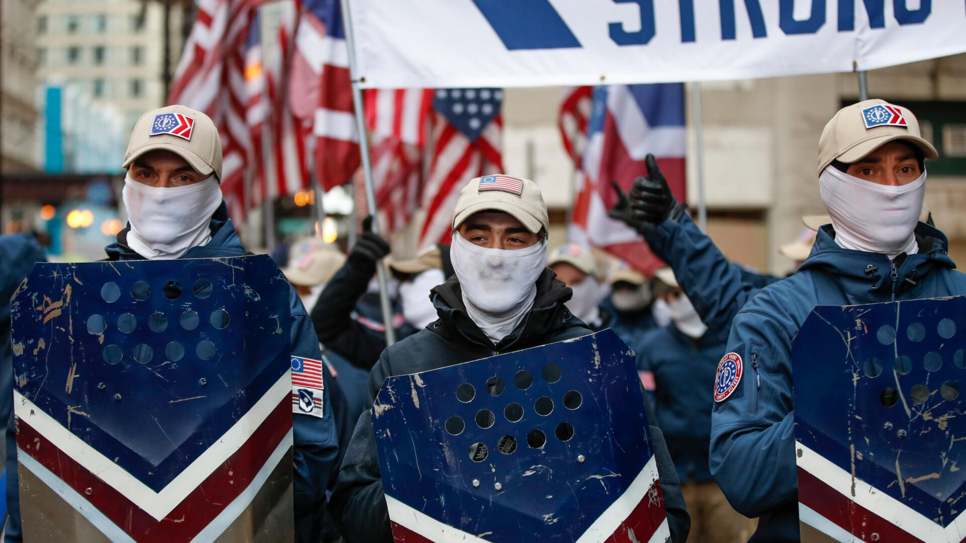 Patriot Front marches along Constitution Avenue a head of the March for Life, an anti abortion demonstration, in Washington, D.C. on January 21, 2022.