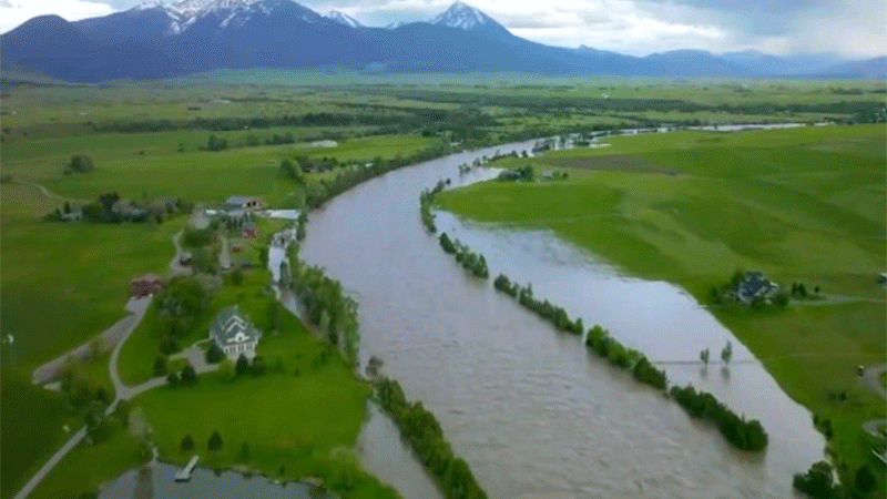 A drone captured footage of the Yellowstone River far exceeding its usual banks, and inundating swathes of the surrounding Montana valley.