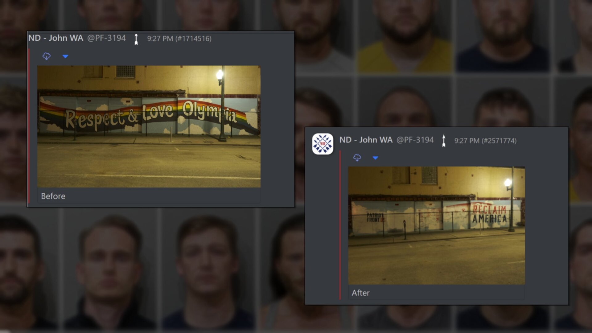 Leaked chats published by Unicorn Riot include photos of murals defaced by Patriot Front members.