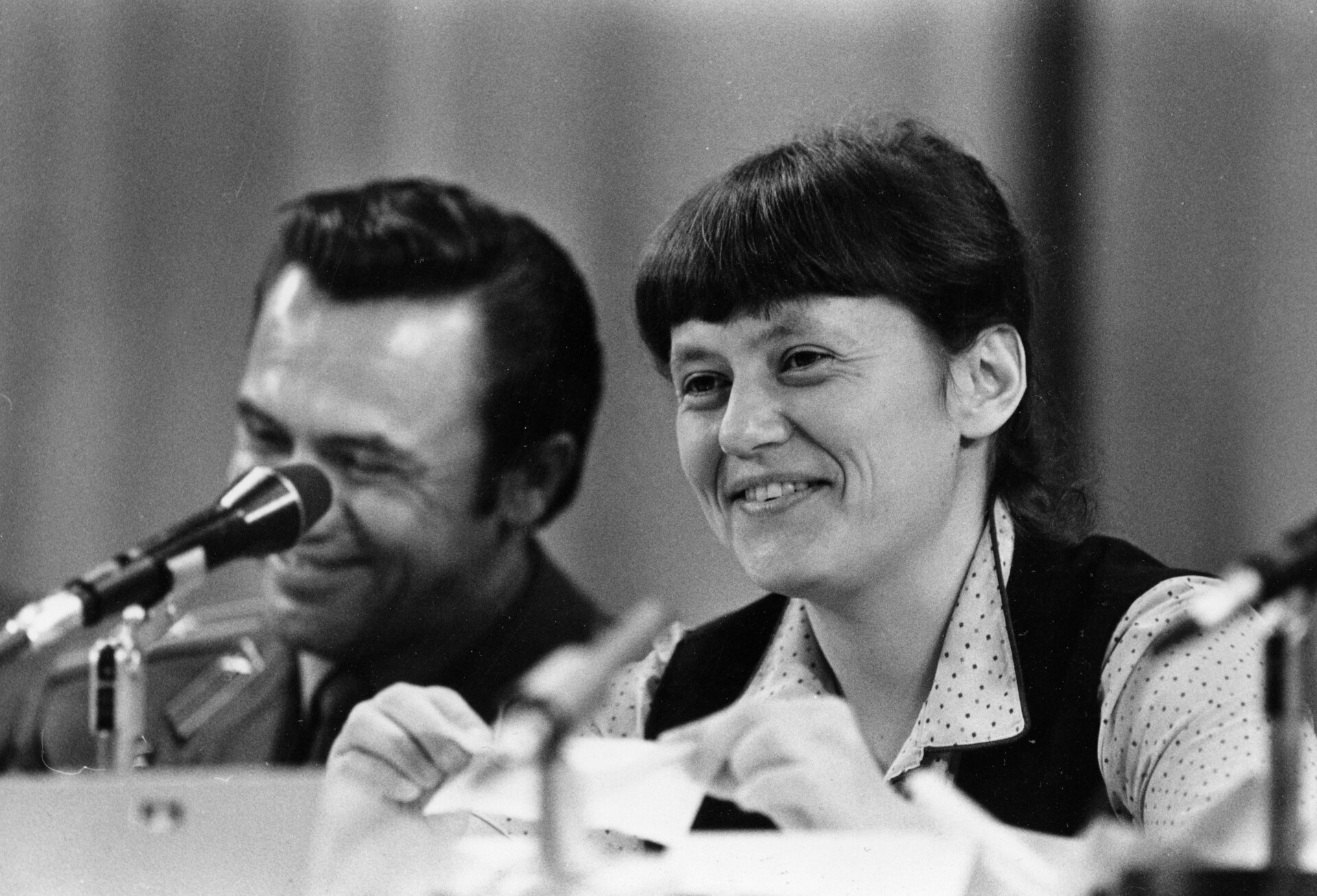 Cosmonaut Svetlana Savitskaya answering questions after her historic 1982 spaceflight.
