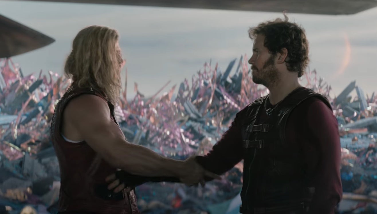 Thor and Star-Lord devise a new handshake in Thor: Love and Thunder.