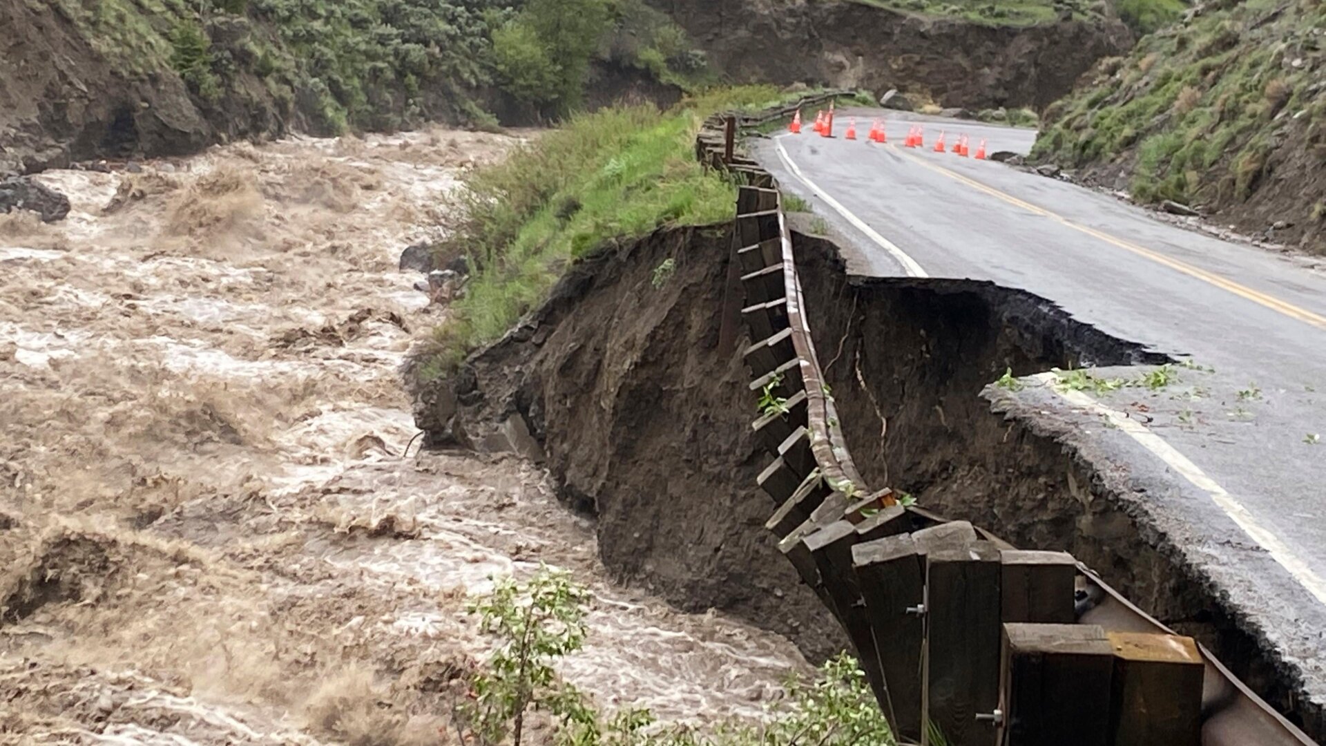 A washed-out road in Yellowstone National Park after flooding and mudslides.