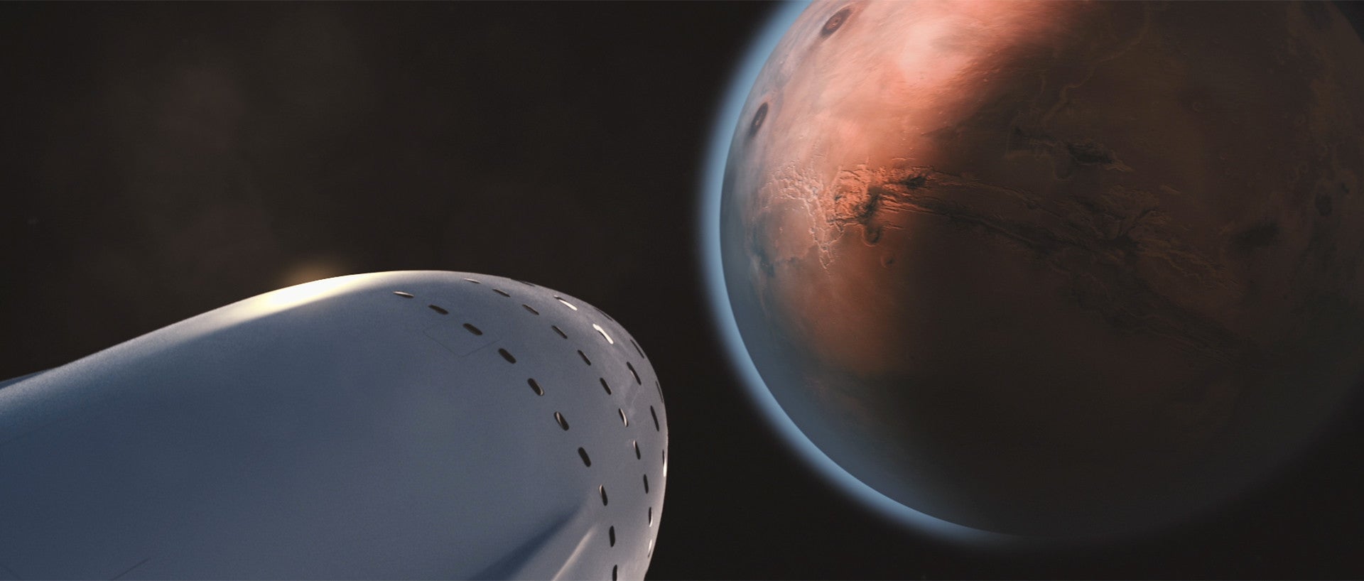 Conceptual image of a Starship spacecraft arriving at Mars. 