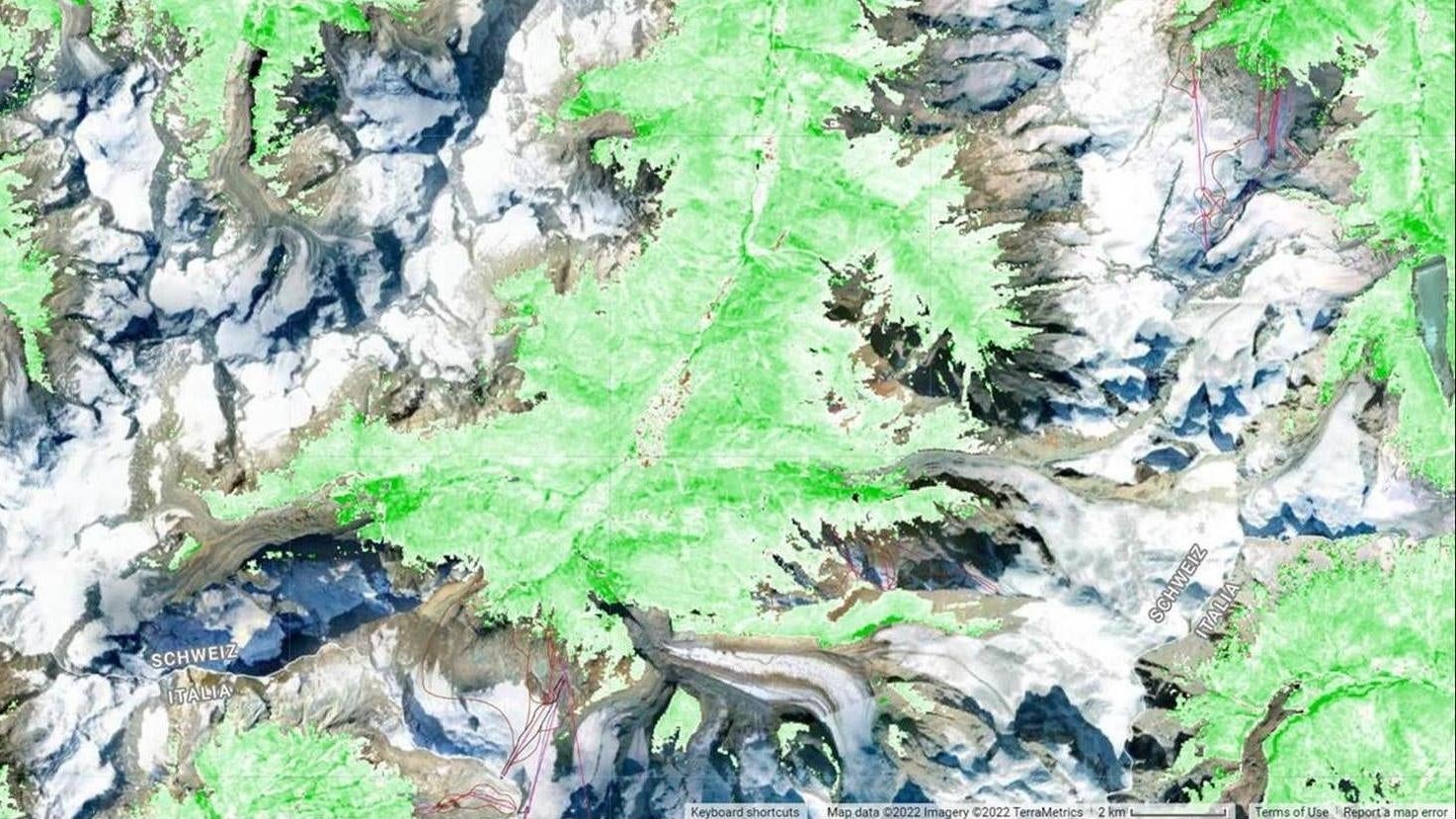 The researchers studied satellite data of the Alps to determine trends in vegetation. In this view, the darker the green, the larger the increase in vegetation.