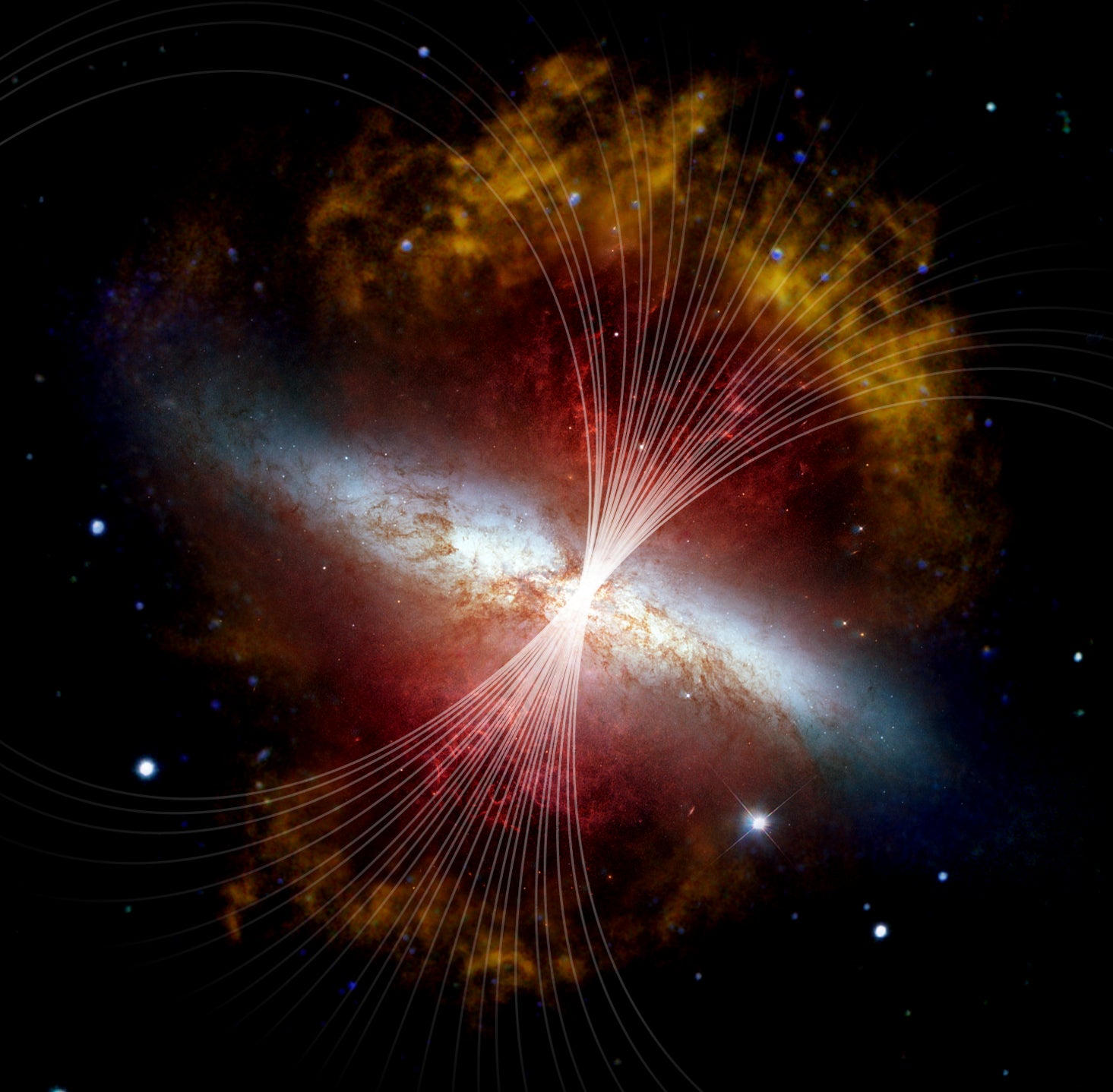 Depiction of magnetic fields (shown as white lines) in Messier 82, or the Cigar galaxy.