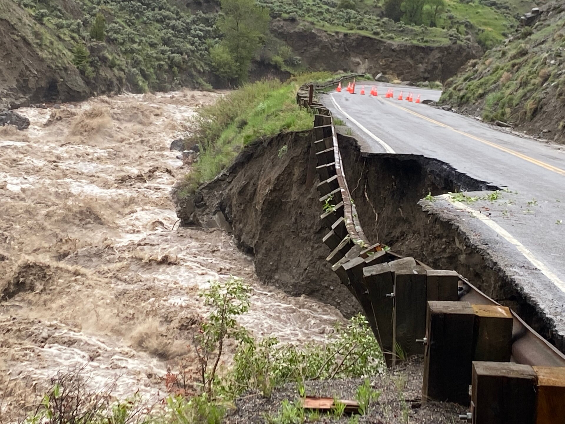  In this handout photo provided by the National Park Service, water  levels in Gardner River rise alongside the North Entrance Road in  Yellowstone National Park on June 13, 2022 in Gardiner, Montana.