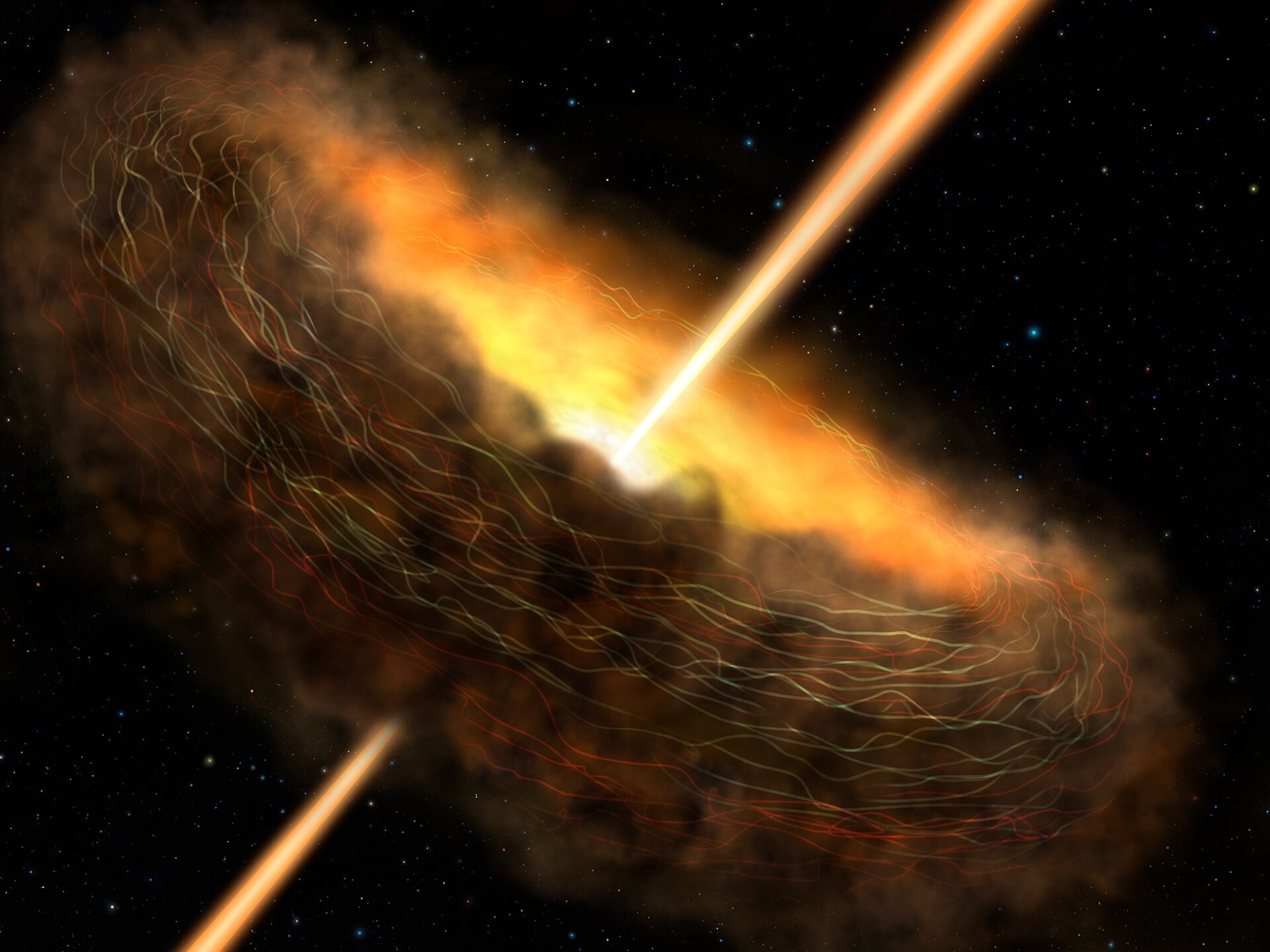 Artist’s depiction of the core of a supermassive black hole, including a dusty donut-shaped ring (the torus) and collimated jets.