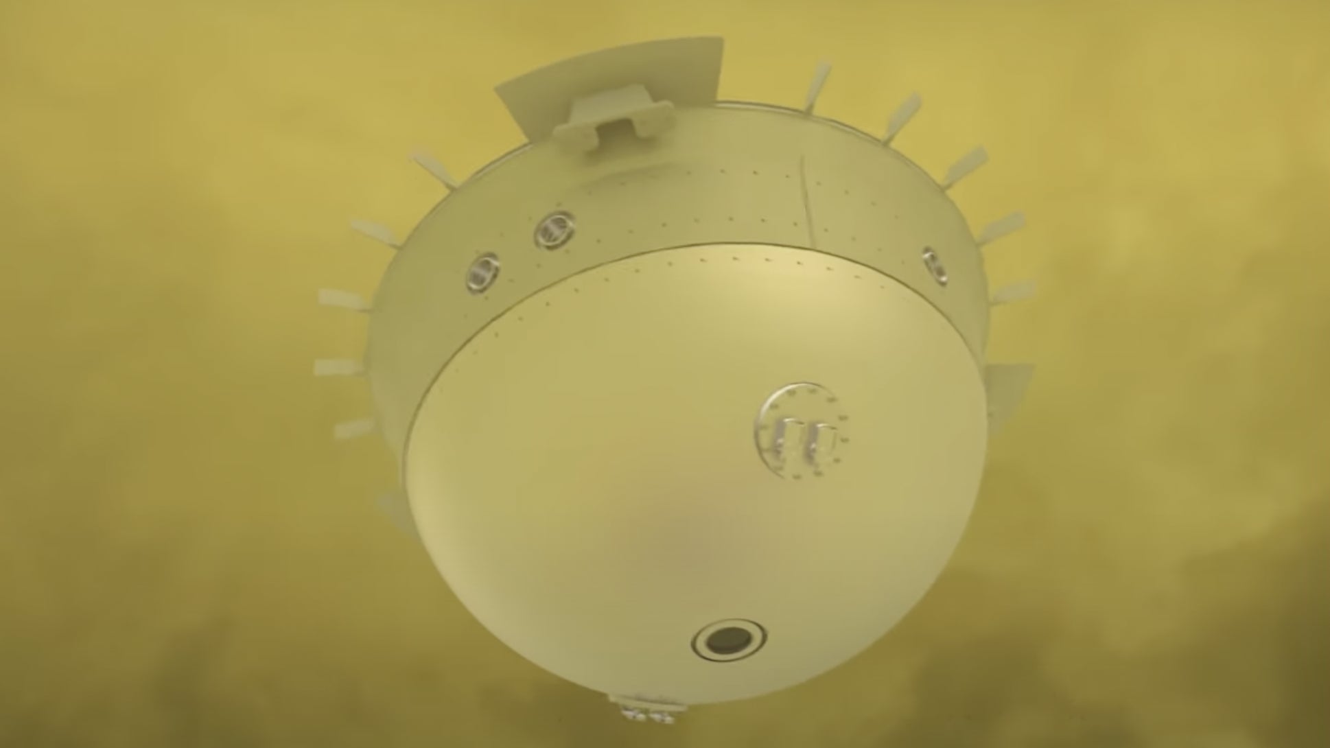 An illustration of the DAVINCI Descent Sphere falling through the atmosphere of Venus