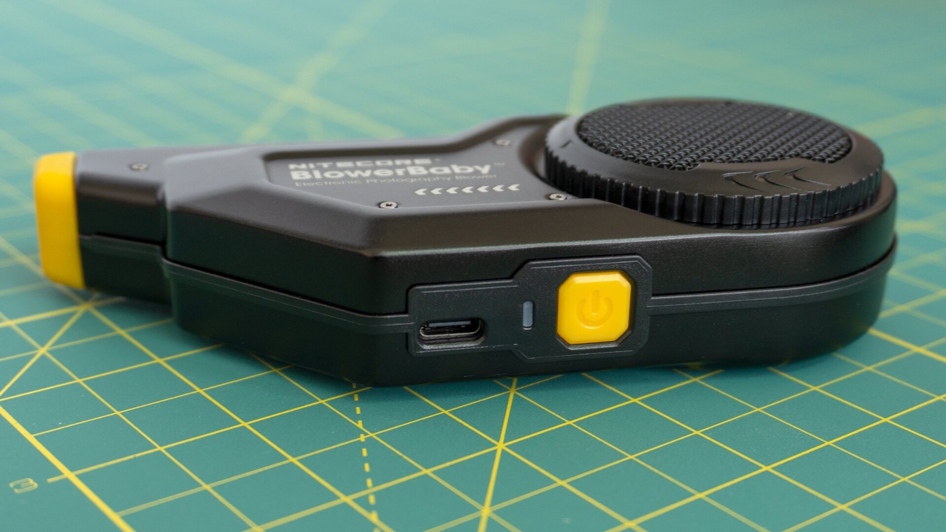 The BlowerBaby’s power button can be held for intermittent cleanings, or double-pressed to turn on the device for longer sessions where you don’t want to have to hold the button the entire time.