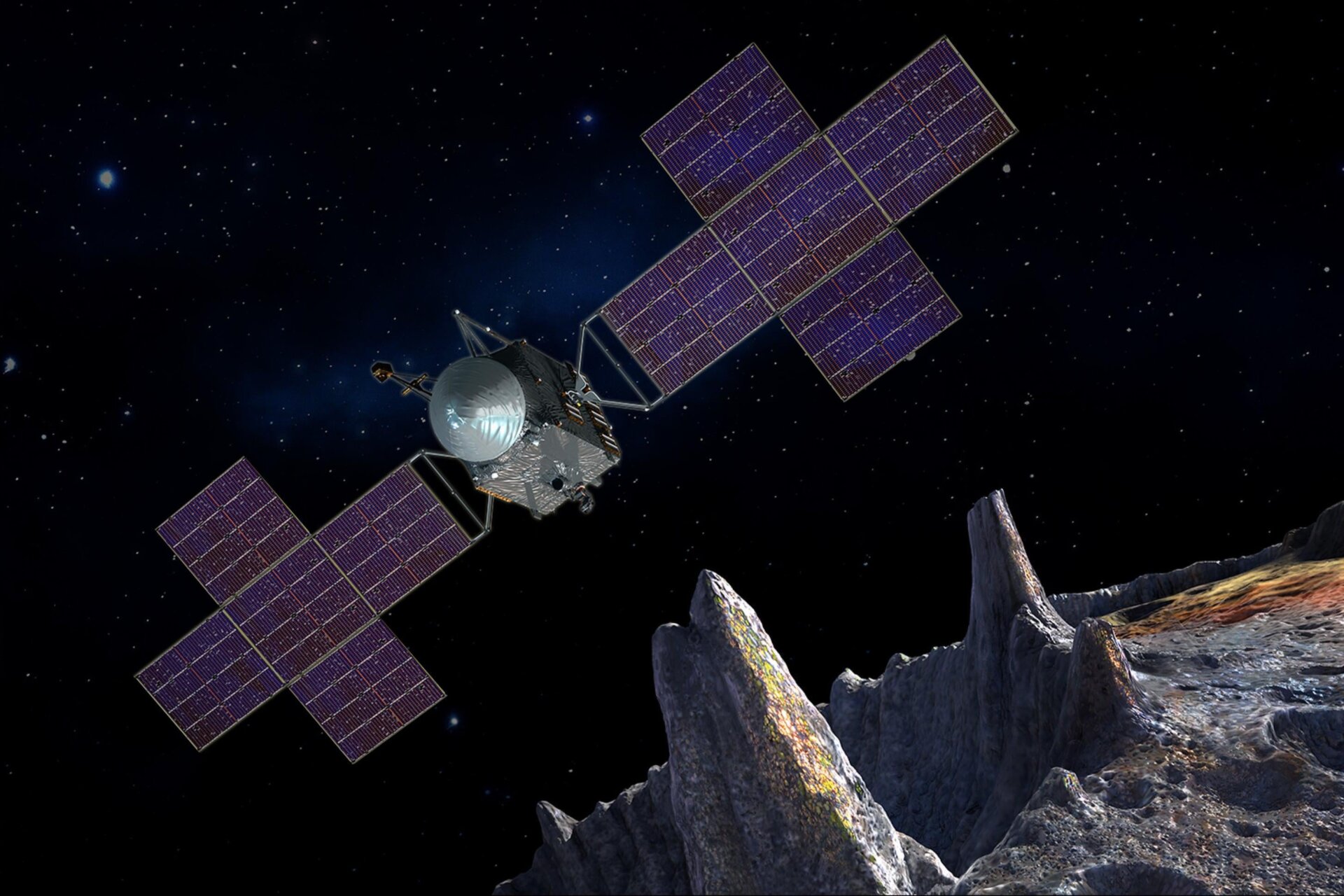 An artist’s concept of the Psyche spacecraft at Psyche.