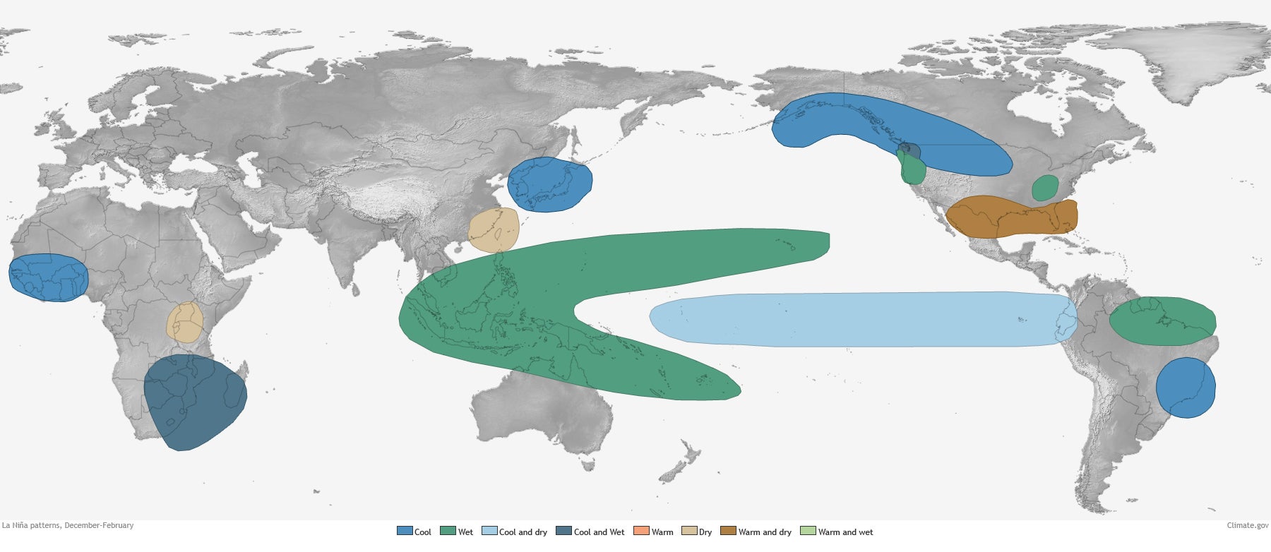 The NOAA map shows some of the general weather trends that accompany La Niña between December and February