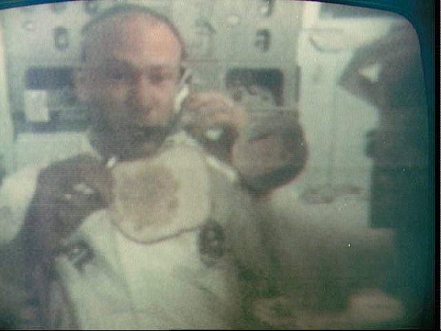 Buzz Aldrin is seen preparing a sandwich aboard the lunar module “Eagle” on July 21, 1969.