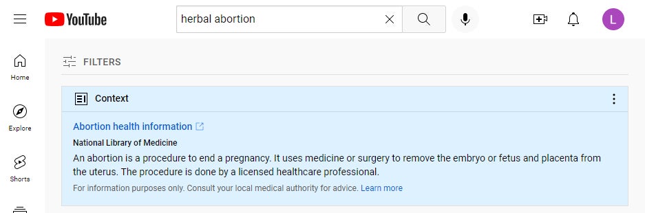 YouTube now displays a “Context” panel on relevant videos or searches about abortion methods