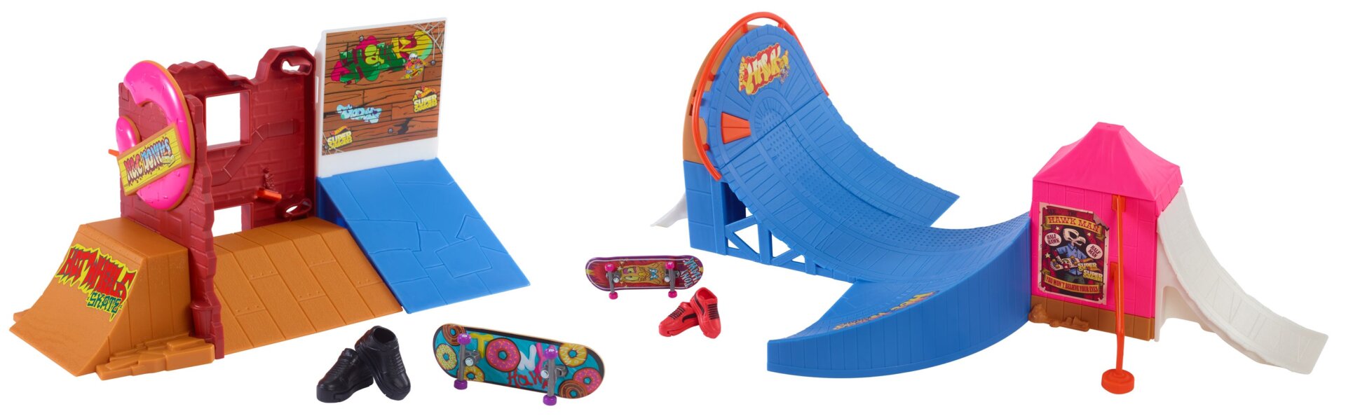 The Hot Wheels Skate Drop-in Skate Sets (left) and the Hot Wheels Skate Amusement Park Skate Set (right).