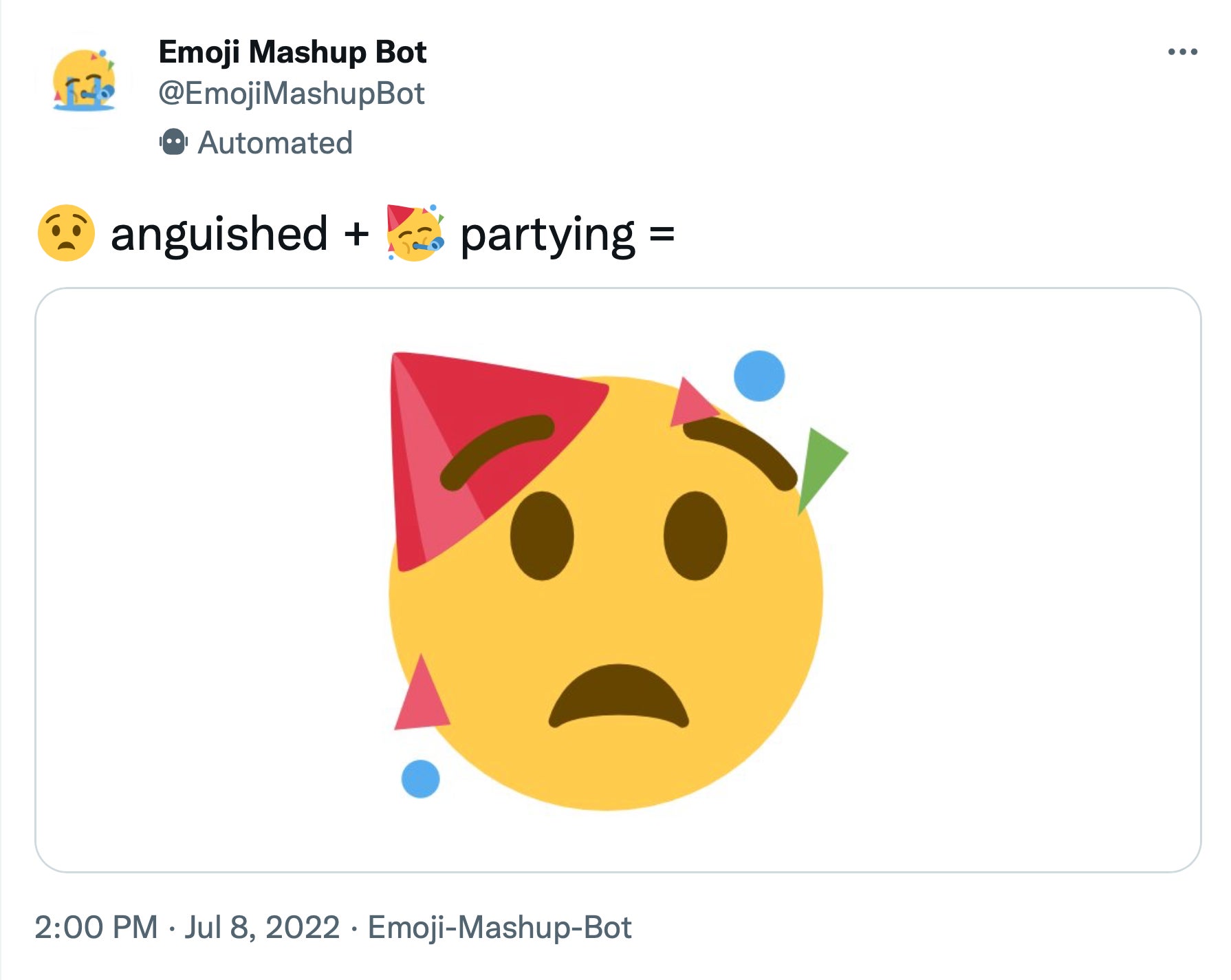 A mashup of the anguished and partying emoji created by Emoji Mashup Bot.