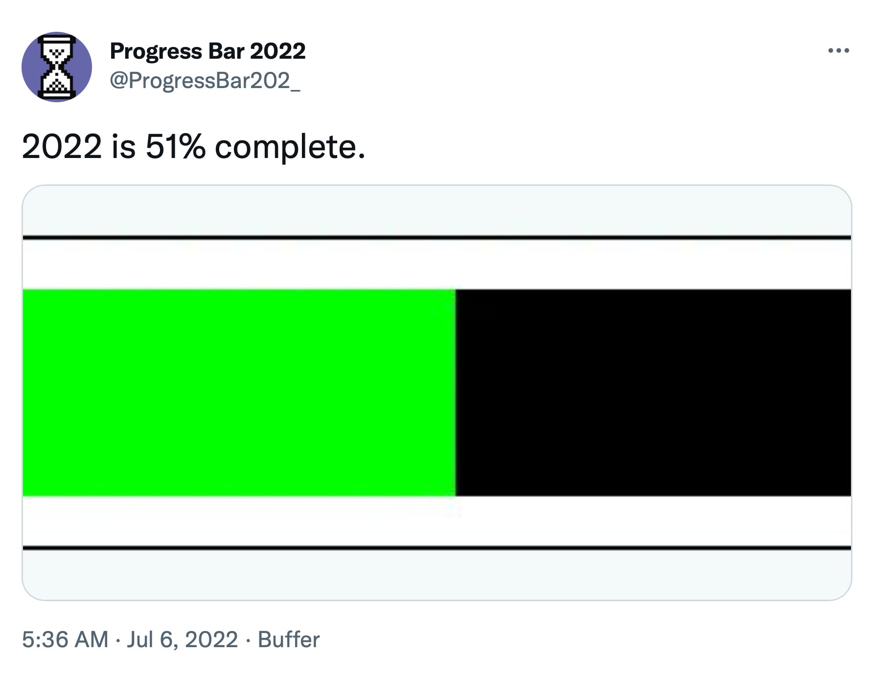 As of July 6, 2022 was 51% complete. Progress Bar bot breaks it down for you in a nice little uh, progress bar.