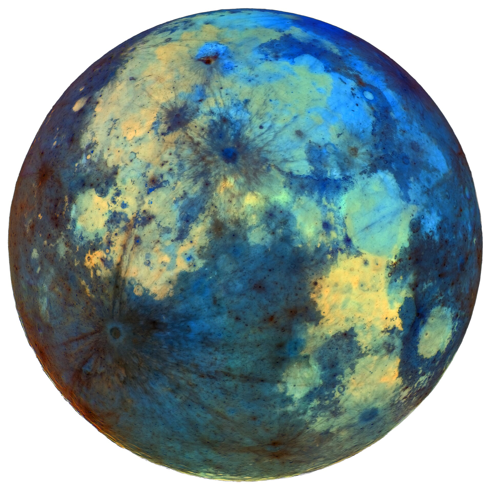 The Moon, digitally enhanced to show areas of different mineral composition.