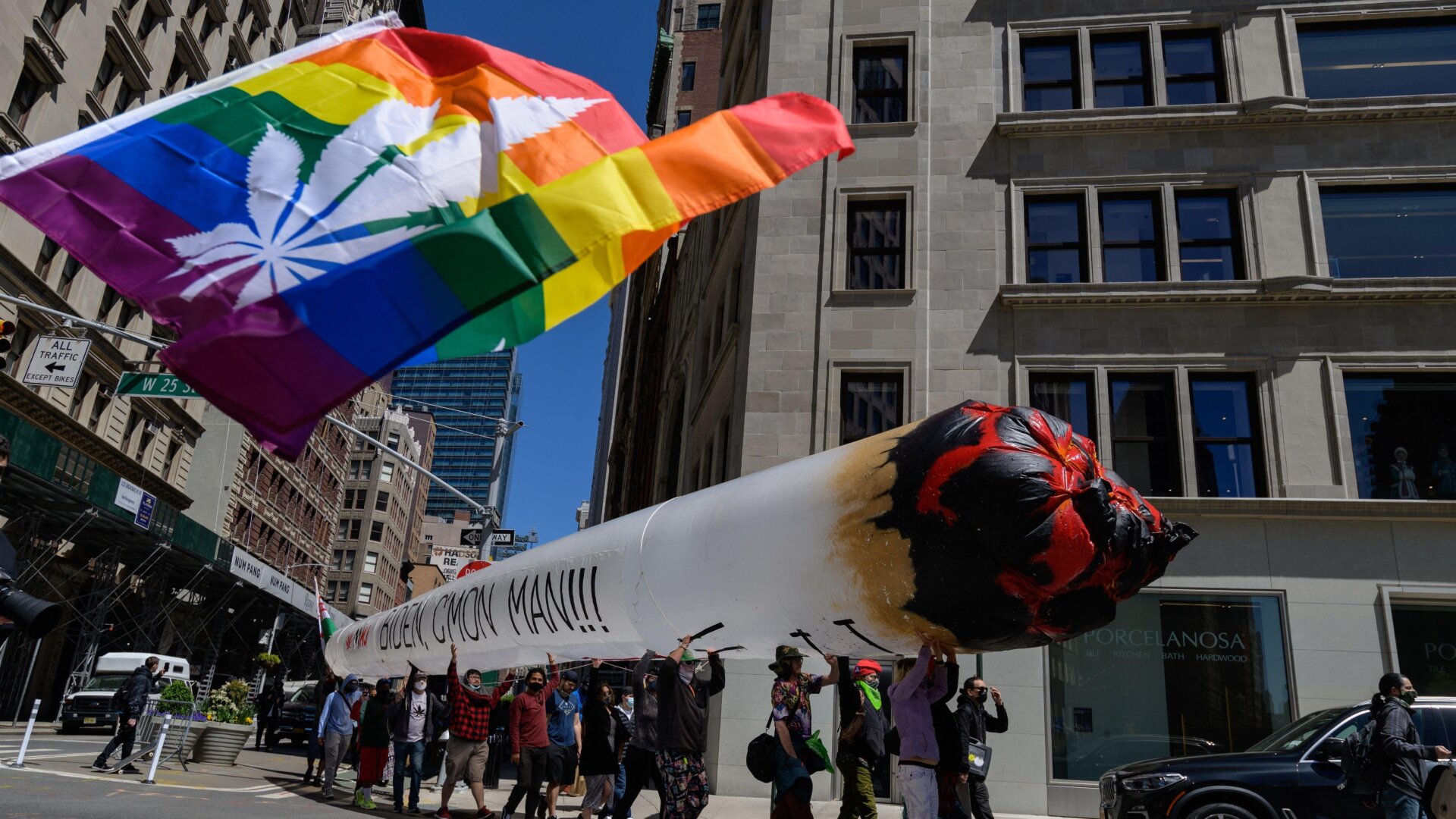 Demonstrators march in the annual NYC Cannabis Parade & Rally in support of the legalization of marijuana for recreational and medical use, on May 1, 2021 in New York City