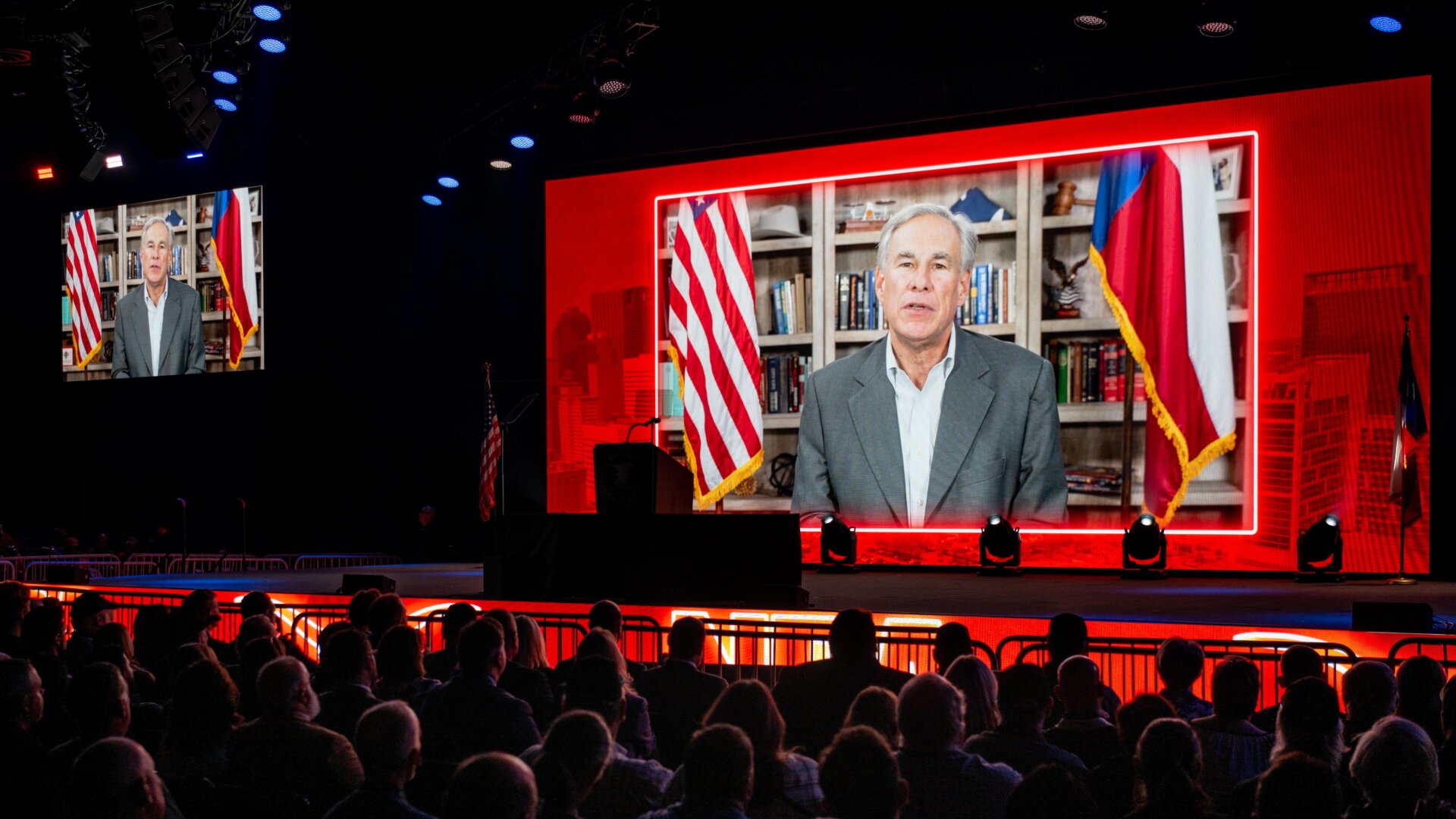 A video recording of Texas Gov. Greg Abbott plays during the National Rifle Association (NRA) annual convention on May 27, 2022 in Houston, Texas. The annual event came days after the mass shooting in Uvalde, Texas left 19 children and 2 adults dead.