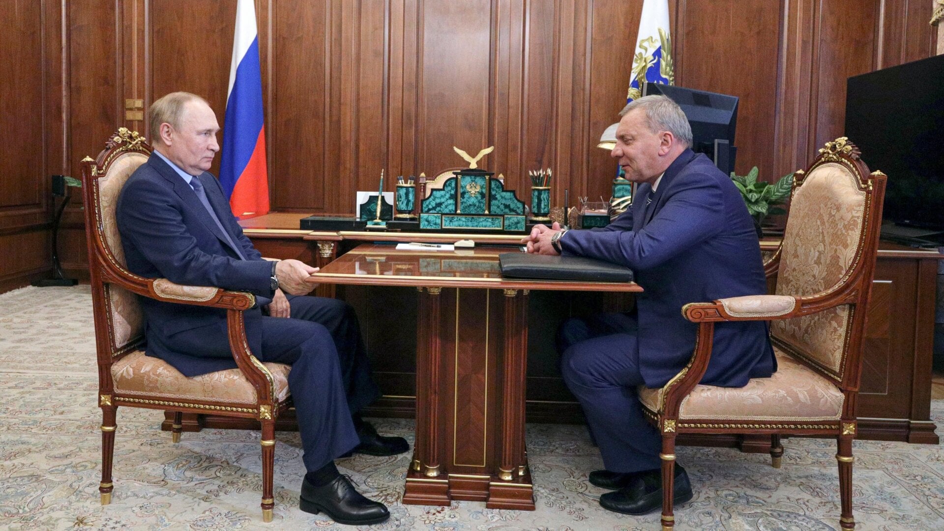 Russian President Vladimir Putin (left) meeting with Roscosmos Director General Yury Borisov at the Kremlin in Moscow, Russia, July 26, 2022.