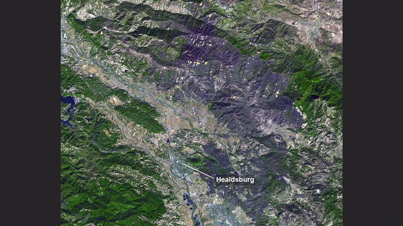 NASA’s Terra satellite captured this image of a large burn scar following the Kincade Fire in Sonoma County, California. 