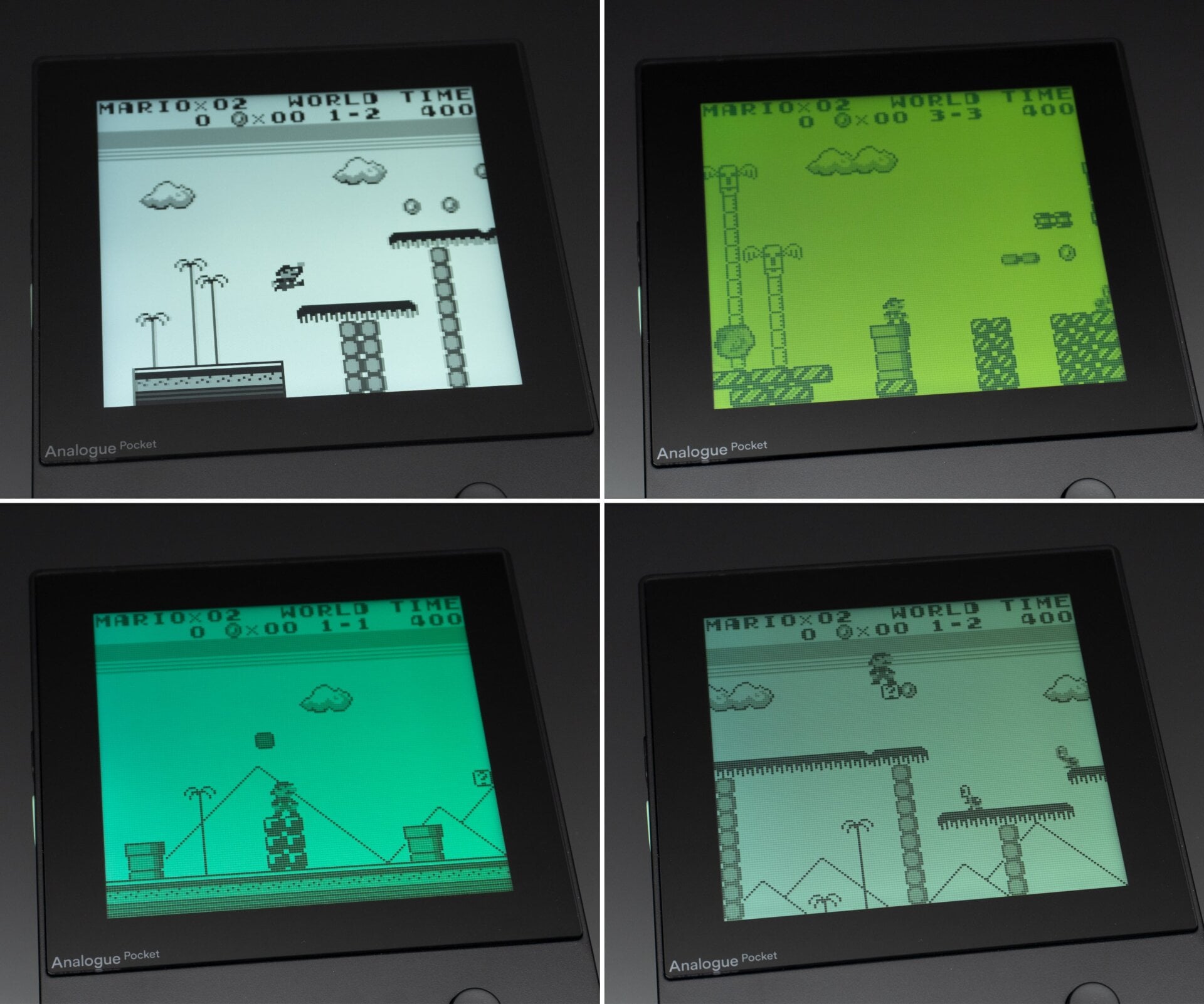 Hard-coded alternate display modes (not filters) recreate the appearance of classic handheld displays, right down to the barely visible pixel grids in the background. Here you can see the standard Analogue display mode for Game Boy games (upper left), the original Game Boy display mode (upper right), the Game Boy Light display mode (lower left), and the Game Boy Pocket display mode (lower right).