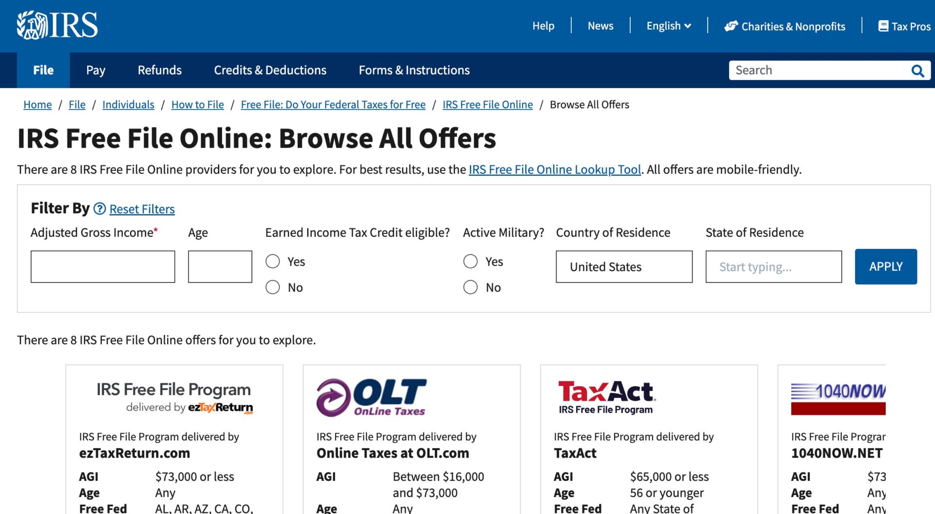 Screenshot: IRS