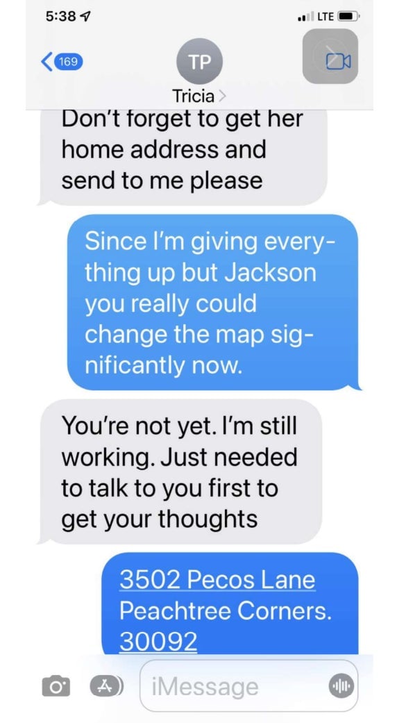 A screenshot of text messages between Tricia Pridemore and Tim Echols.