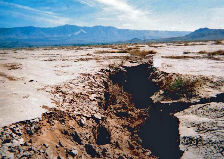 Fissures near Lucerne Lake in San Bernardino County, California are the result of land subsidence caused by groundwater withdraw. 