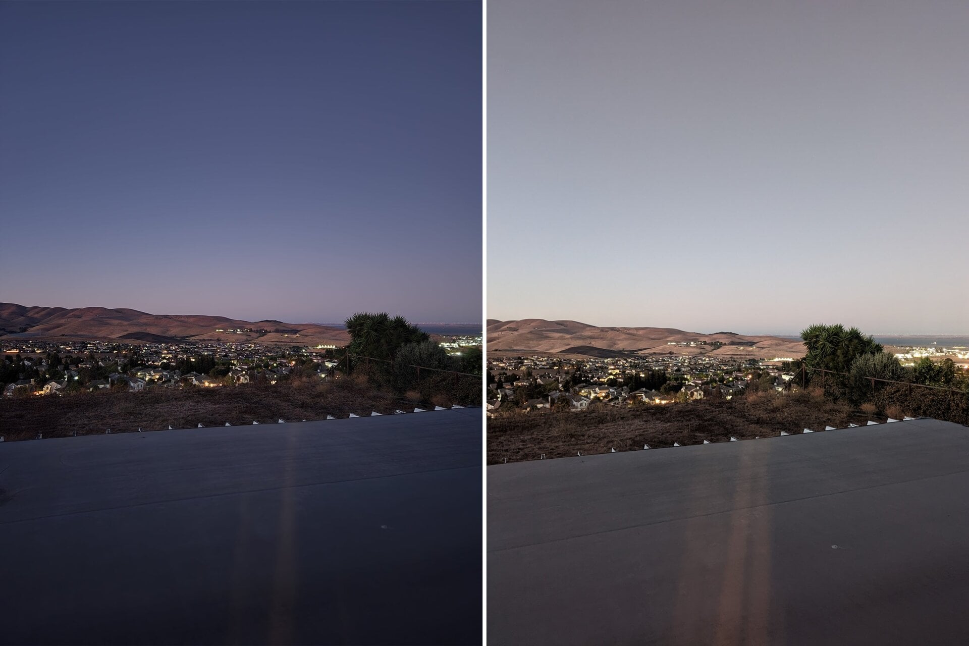 On the left is the Galaxy Z Fold 4’s photo at dusk; on the right is the Pixel 6 Pro. Notice how the Pixel 6 Pro takes in more light and brightens the photo. 