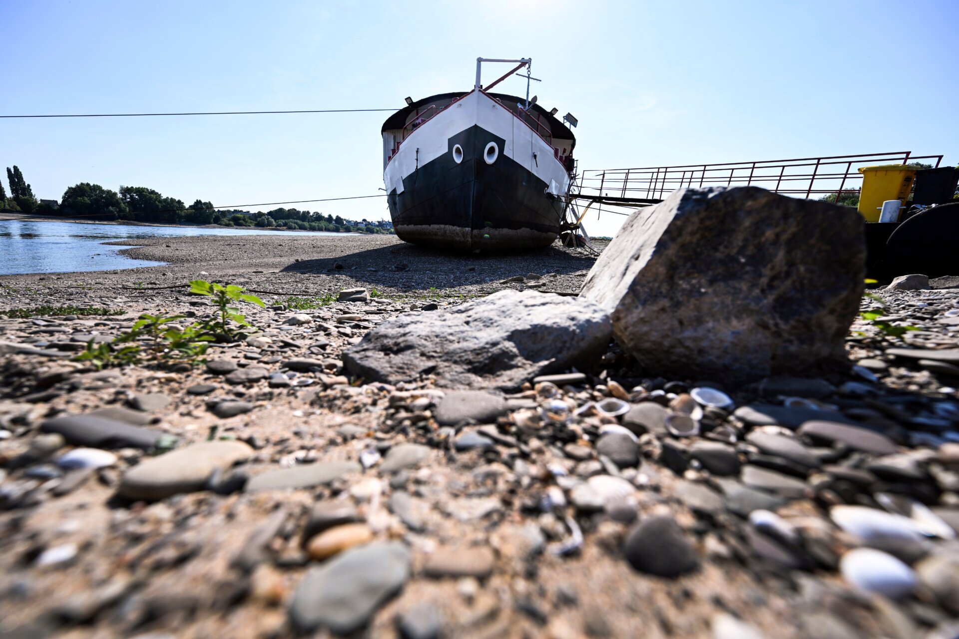 A ship lies dry between the groynes on the Rhine in August 2022. 