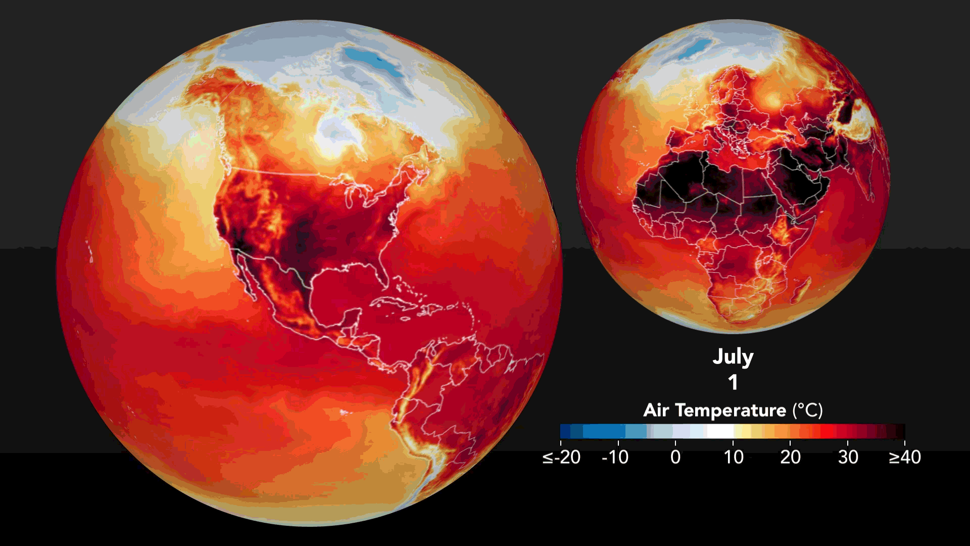 Satellite data shows air temperatures across the Western Hemisphere in July 2022.