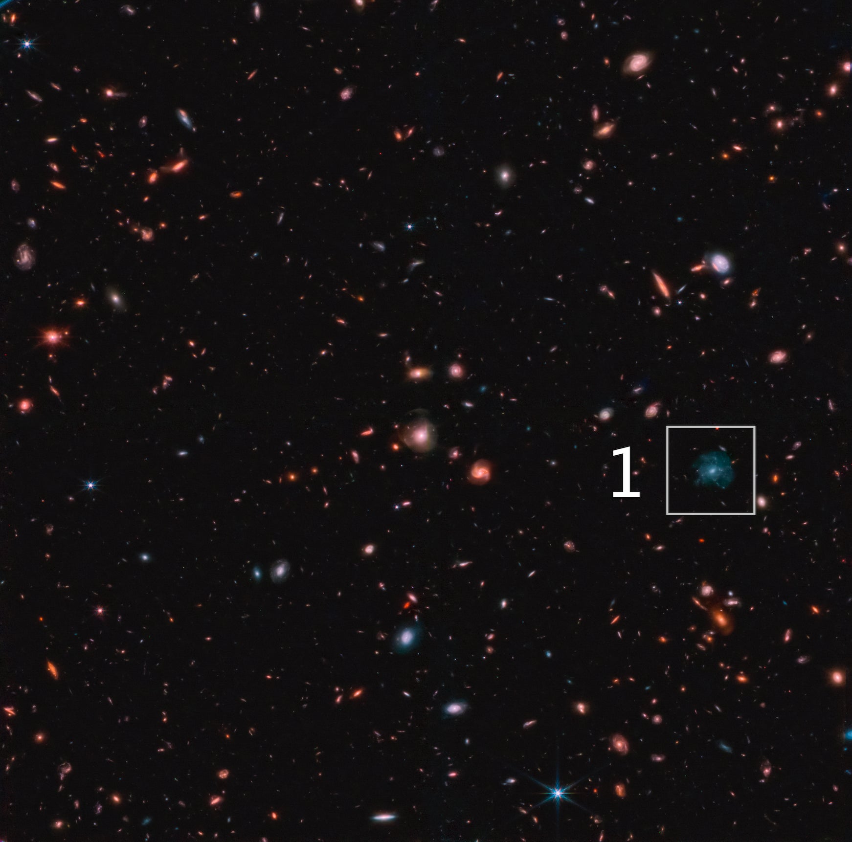 The location of the spiral galaxy in one of the four images taken by NIRCam.