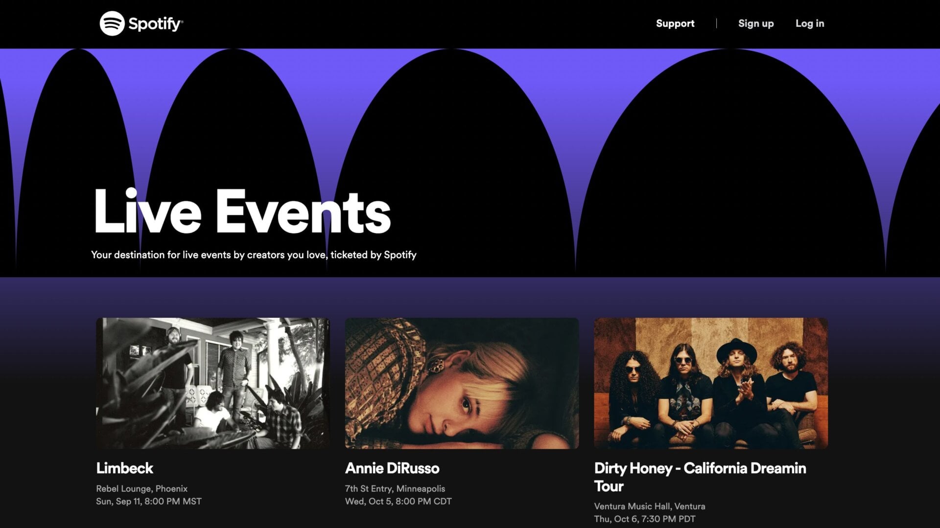 Spotify Ticket’s interface currently lists seven upcoming shows from various artists.
